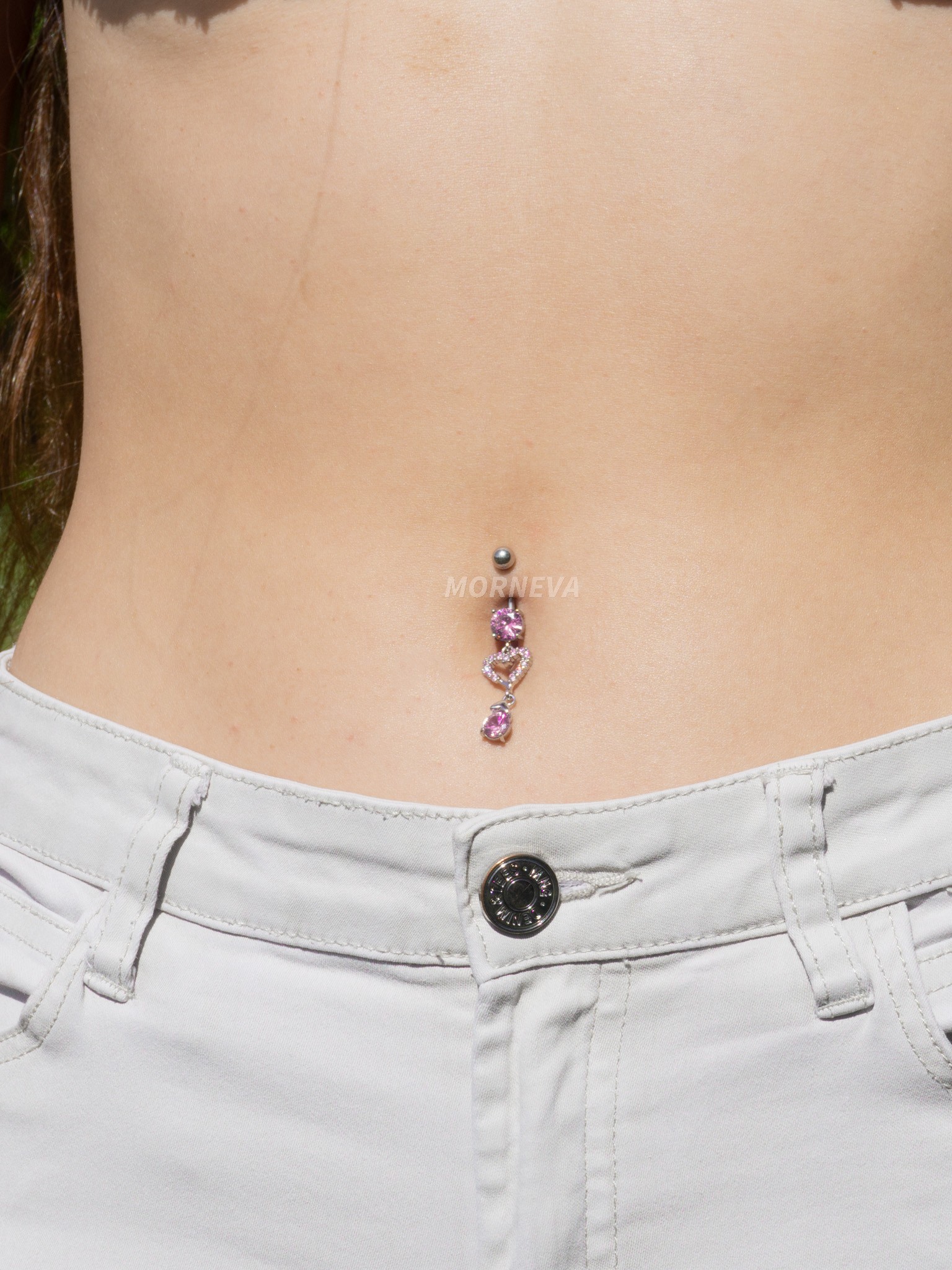 Pembe Kalp Altı Damla Sallantılı Göbek Belly Piercingi