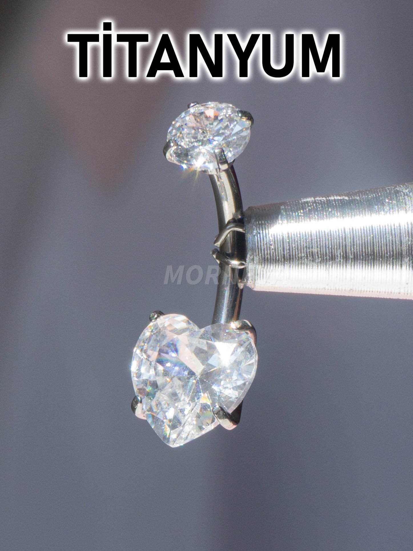Titanyum Kristal Kalp Taşlı Minimal Göbek Belly Piercingi
