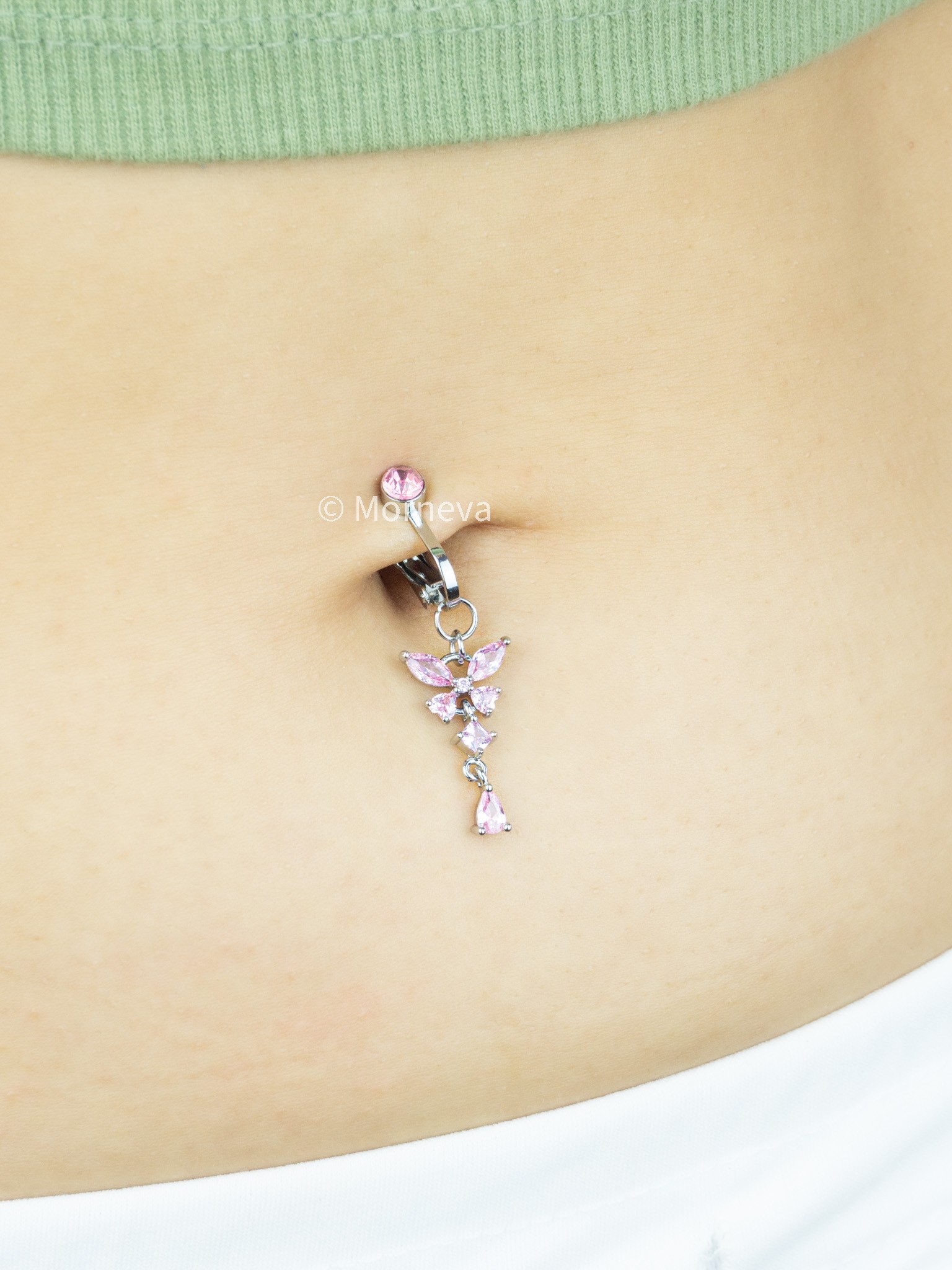 Deliksiz Pembe Kelebek Sıkıştırma Klipsli Göbek Fake Belly Piercingi