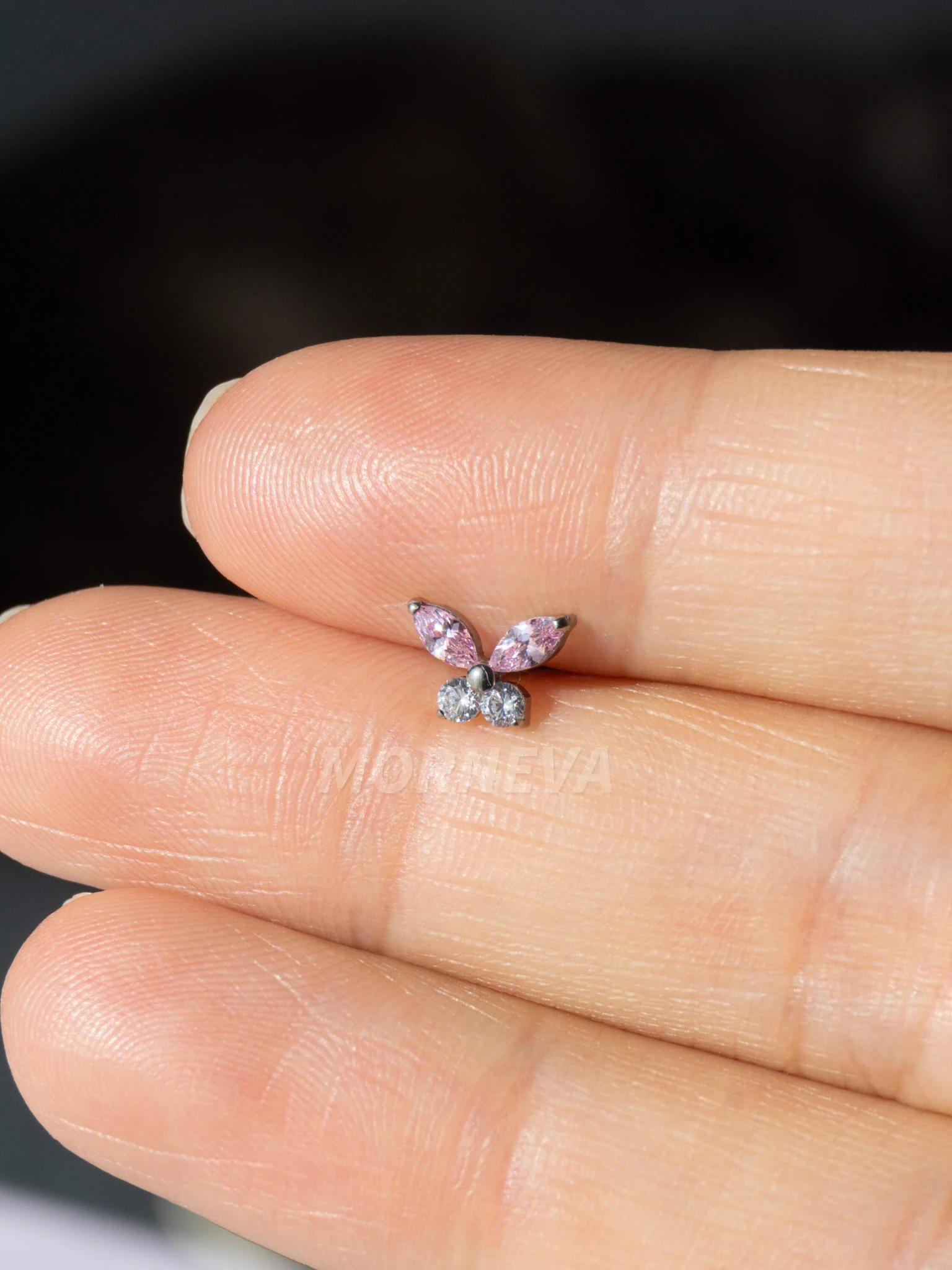 Titanyum Kristal Taşlı Kelebek Tragus Helix Conch Kıkırdak Kulak Piercingi (1 Adet) - Pembe