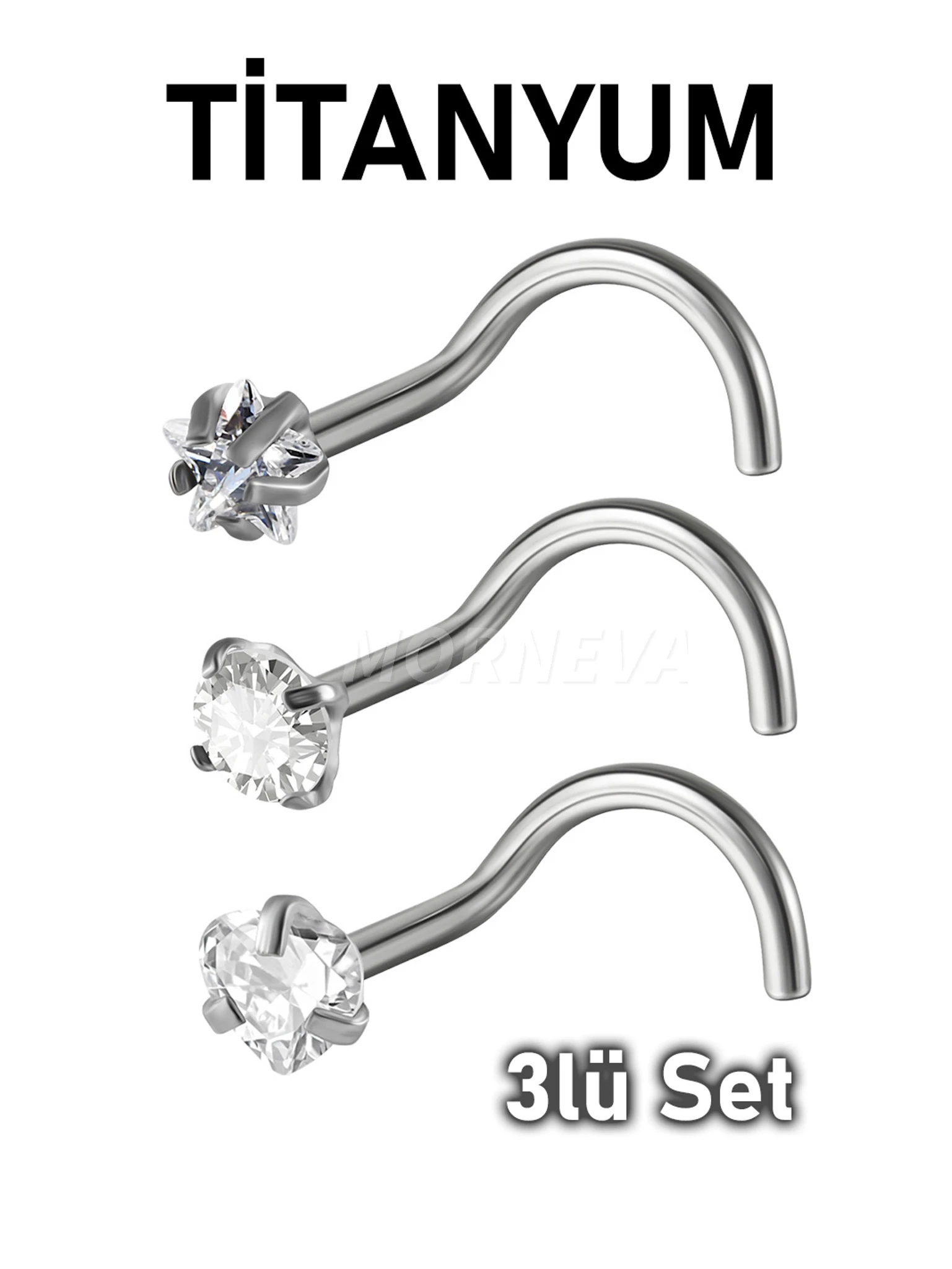 Titanyum | Kalp,Yıldız,Daire Taşlı Spiral Kancalı Burun Piercingi Hızma Set - Gümüş 3lü Set