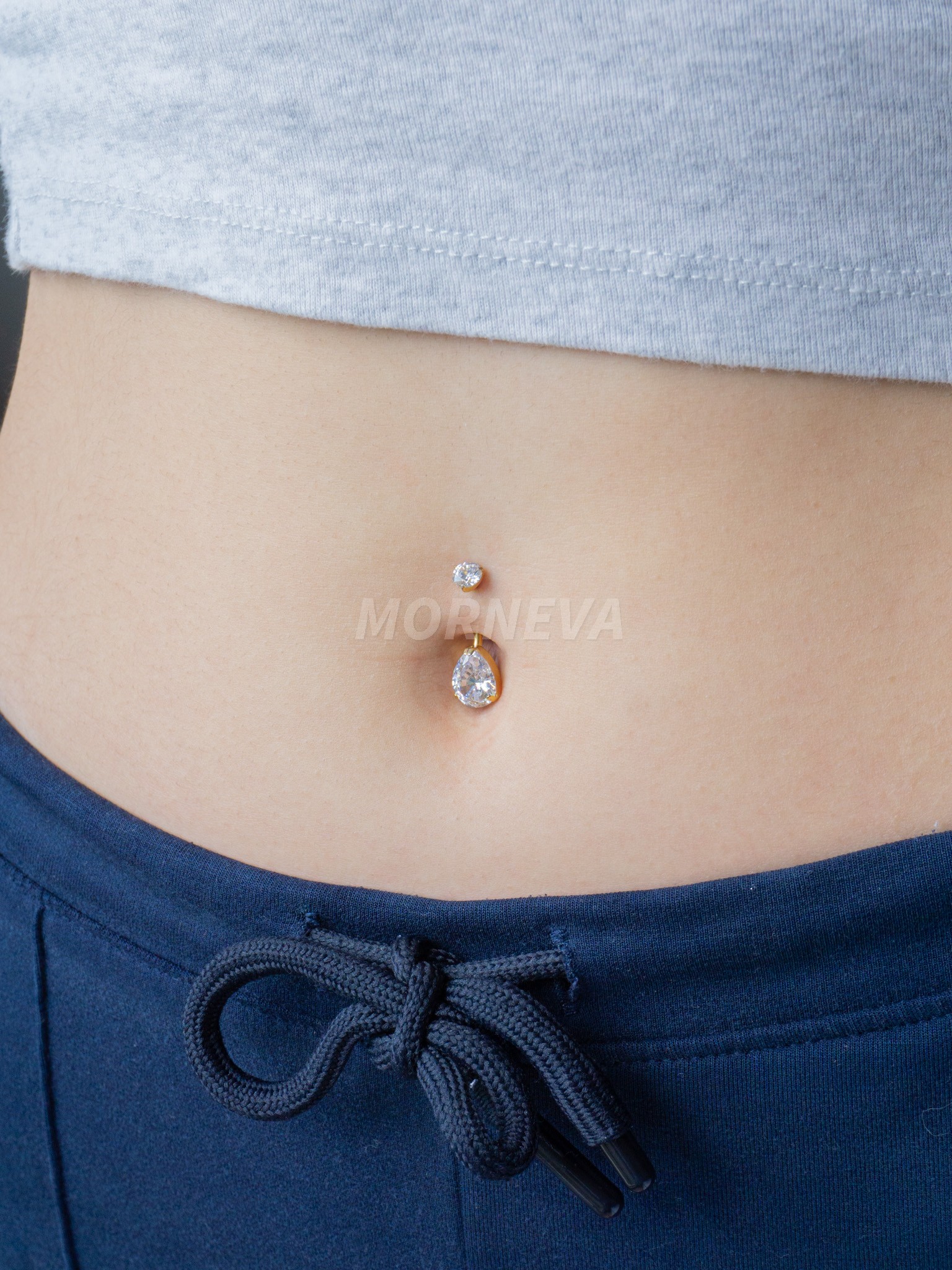 Titanyum Kristal Damla Taşlı Minimal Göbek Belly Piercingi - Altın