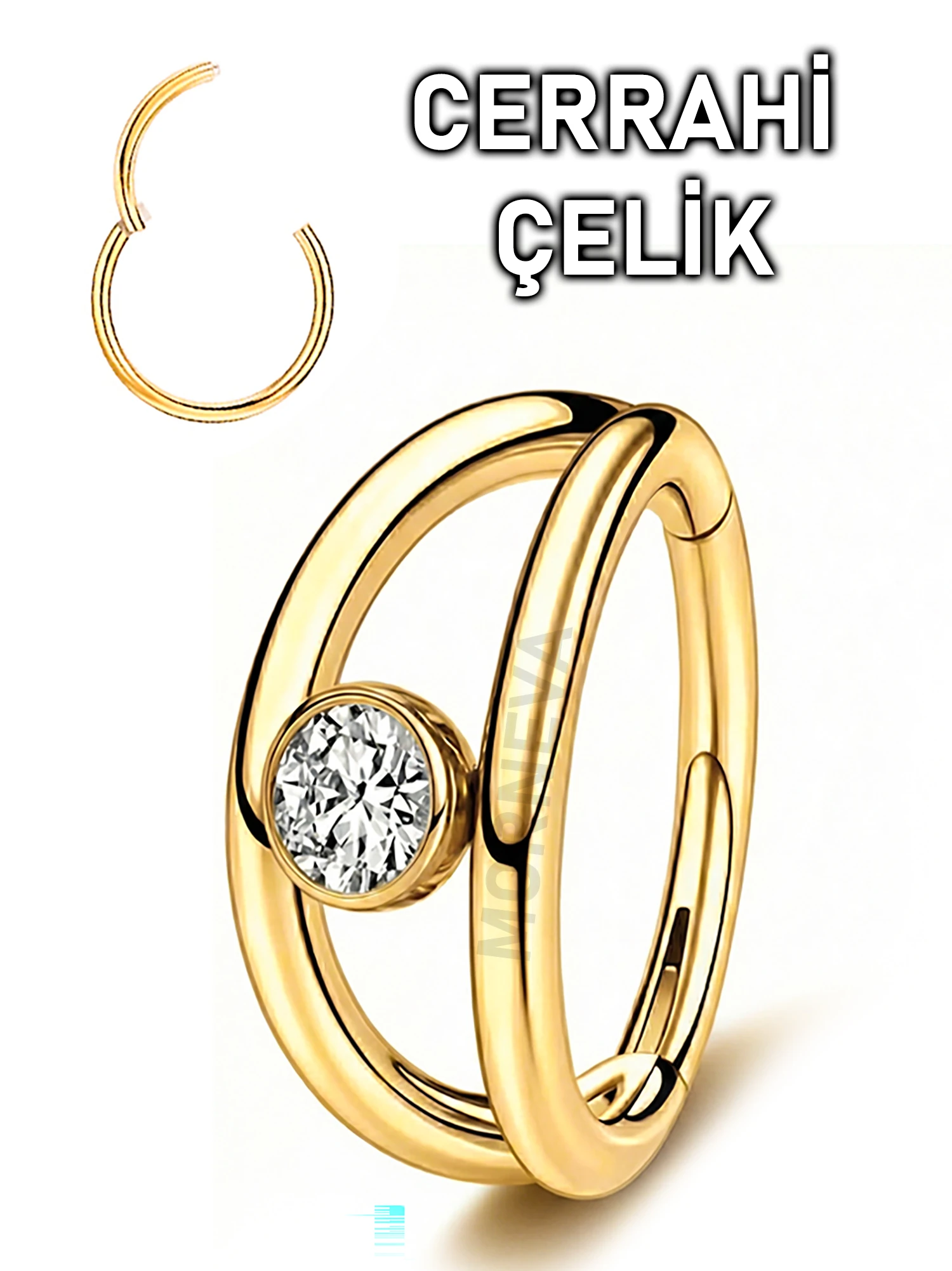 Cerrahi Çelik Tek Delikte İkili Halka Ortası Tek Taş Helix Conch Tragus Piercingi (1 Adet) - Altın