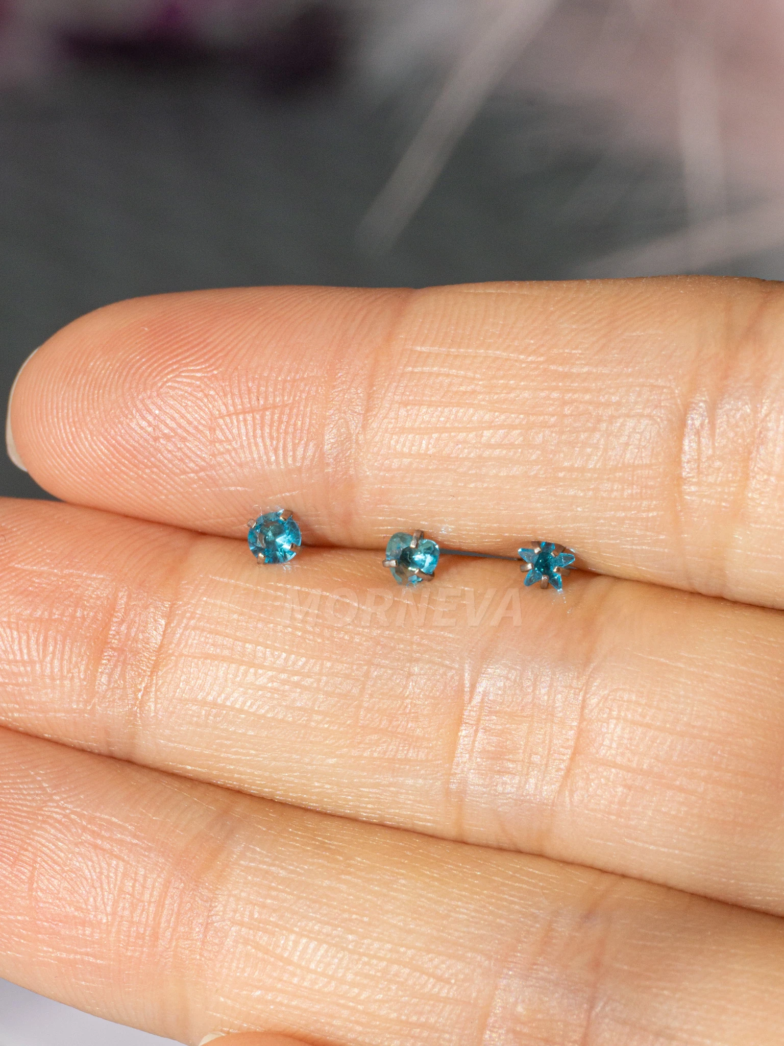 Cerrahi Çelik | Kalp,Yıldız,Daire Taşlı Spiral Kancalı Burun Piercingi 3lü Hızma Set - Mavi