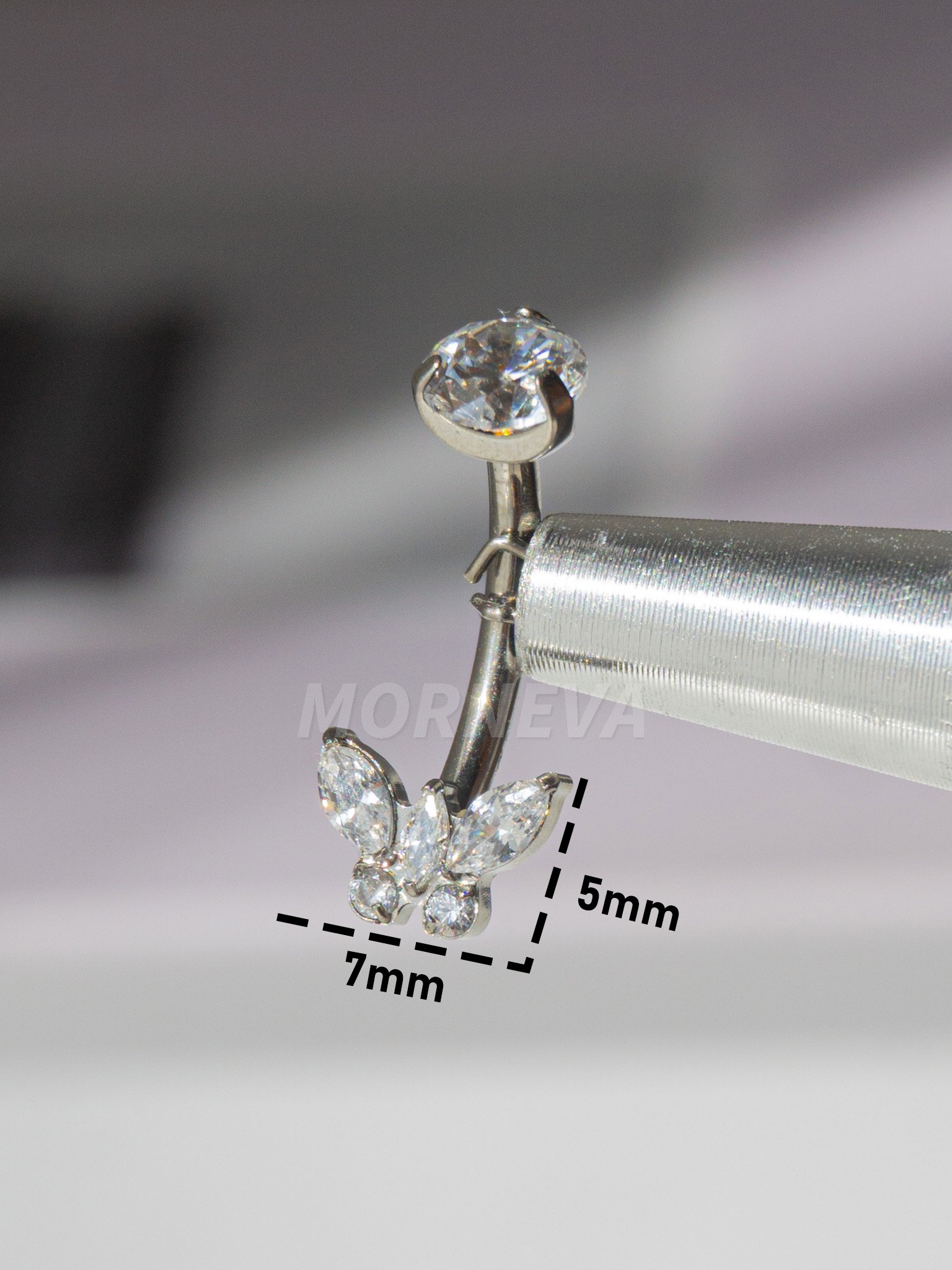 Titanyum Kristal Kelebek Taşlı Minimal Göbek Belly Piercingi