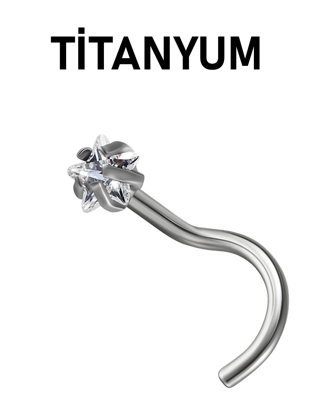 Titanyum | Kristal Kalp,Yıldız,Daire Taşlı Spiral Kancalı Burun Piercingi Hızma Set - Yıldız