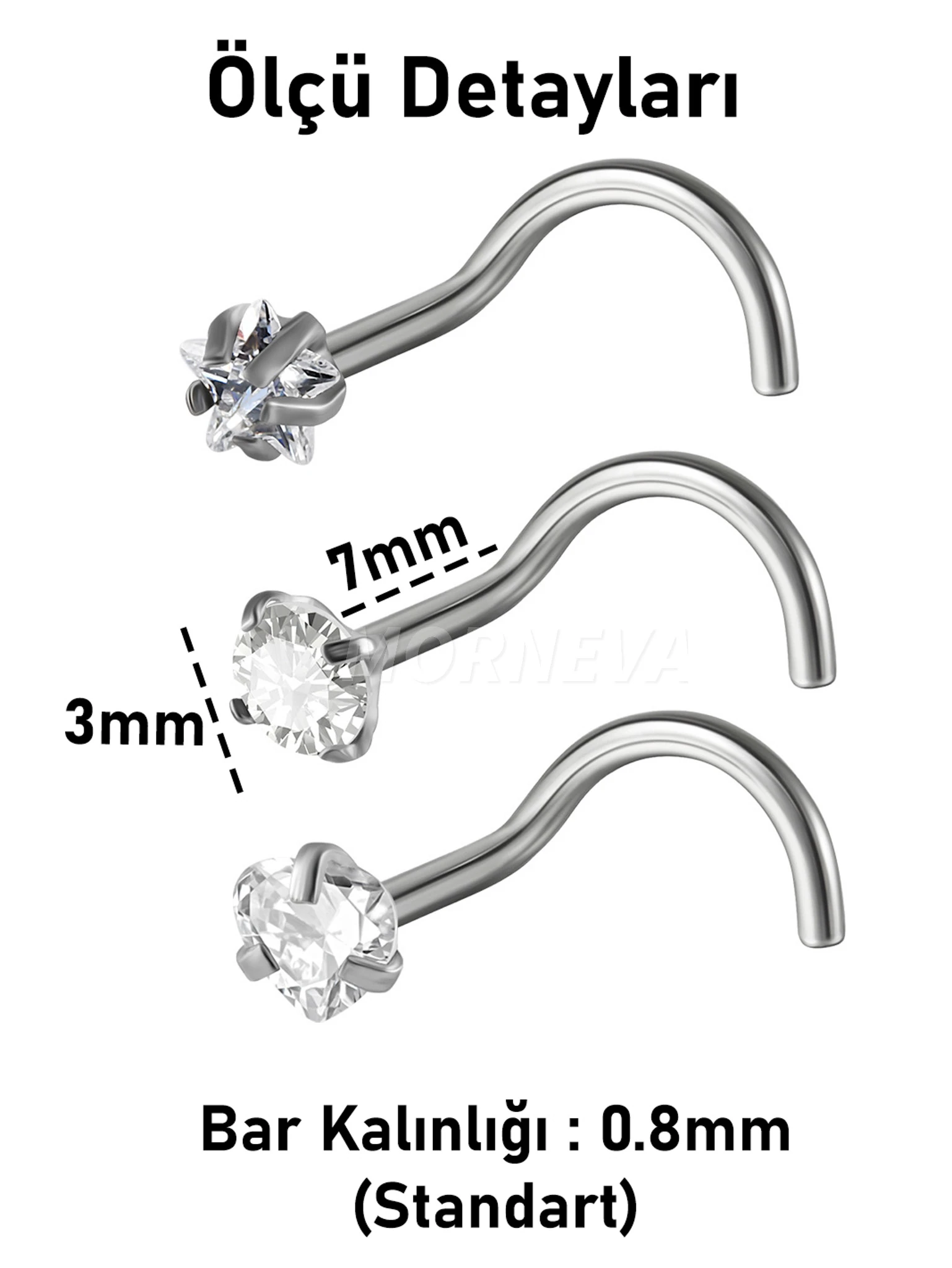 Titanyum | Kalp,Yıldız,Daire Taşlı Spiral Kancalı Burun Piercingi Hızma Set - Gümüş 3lü Set