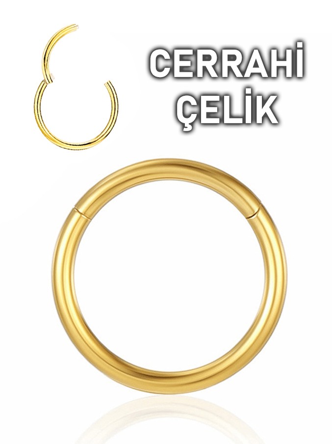 Cerrahi Çelik Klipsli Tam Halka Septum Daith Helix Tragus Smiley Conch Piercingi (1 Adet) - Altın