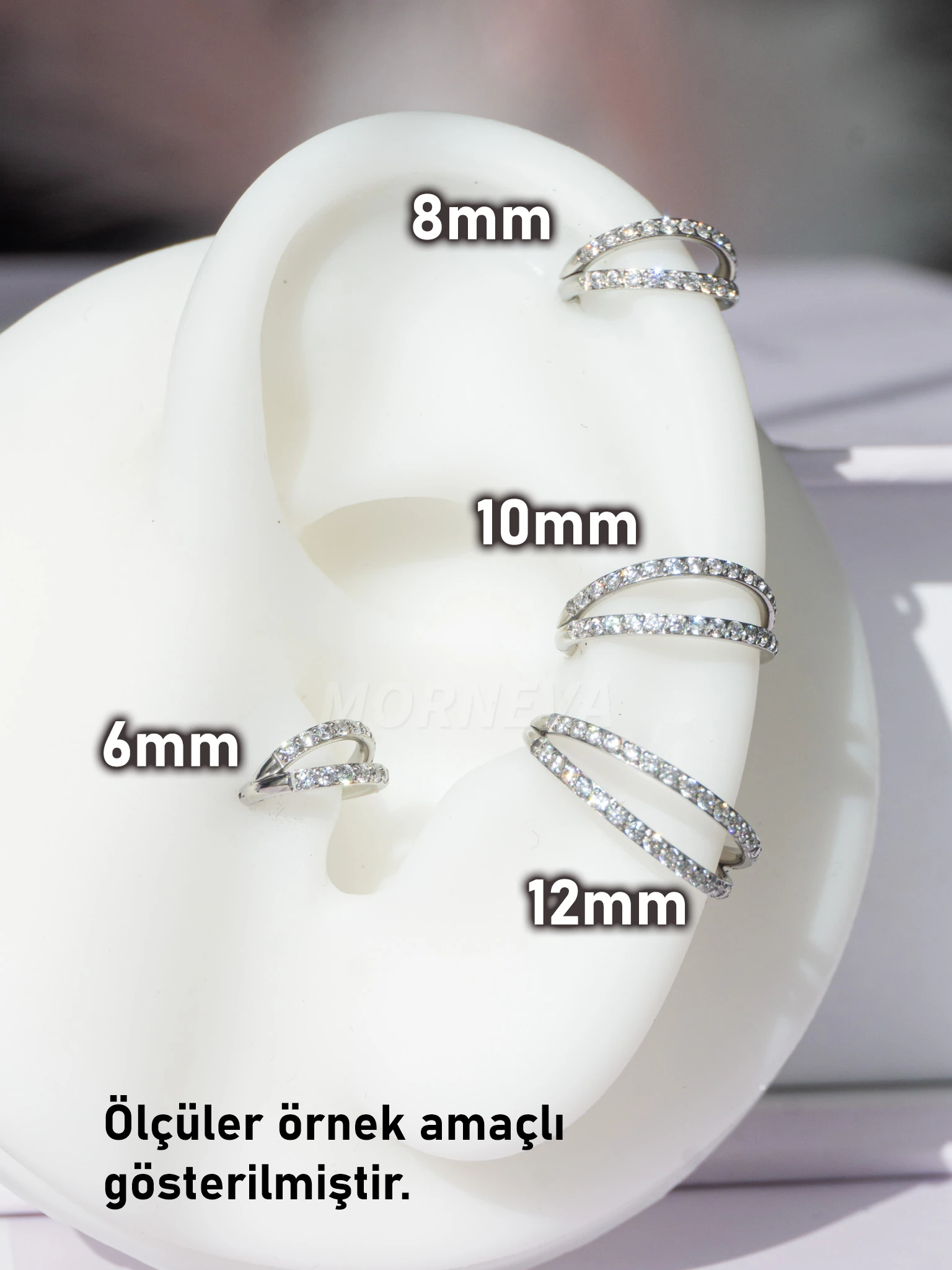 Cerrahi Çelik Tek Delikte İkili Görünüm Tam Tur Taşlı Halka Helix Conch Piercingi (1 Adet)