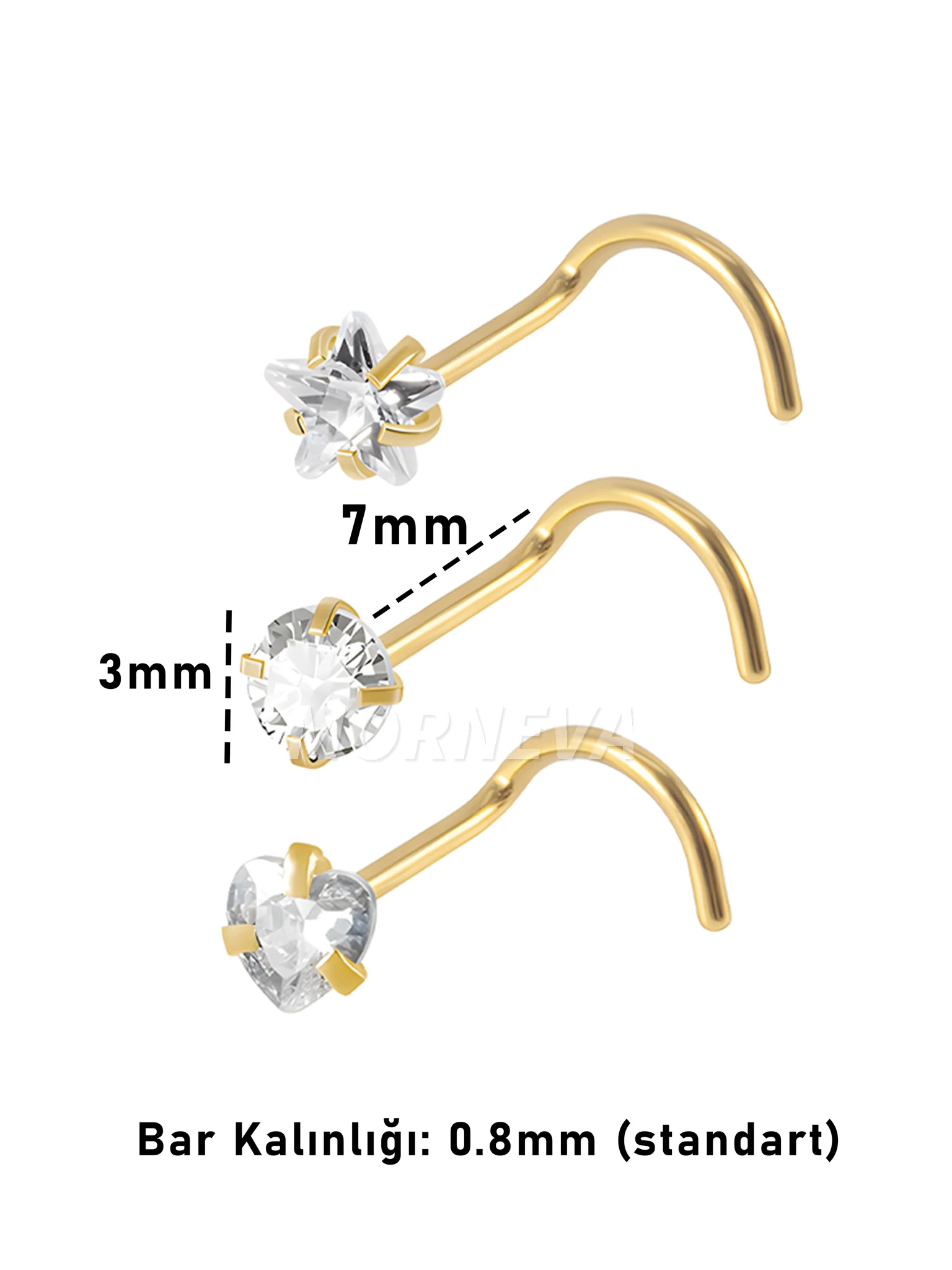Cerrahi Çelik | Kalp,Yıldız,Daire Taşlı Spiral Kancalı Burun Piercingi Hızma Set - Altın 3lü Set