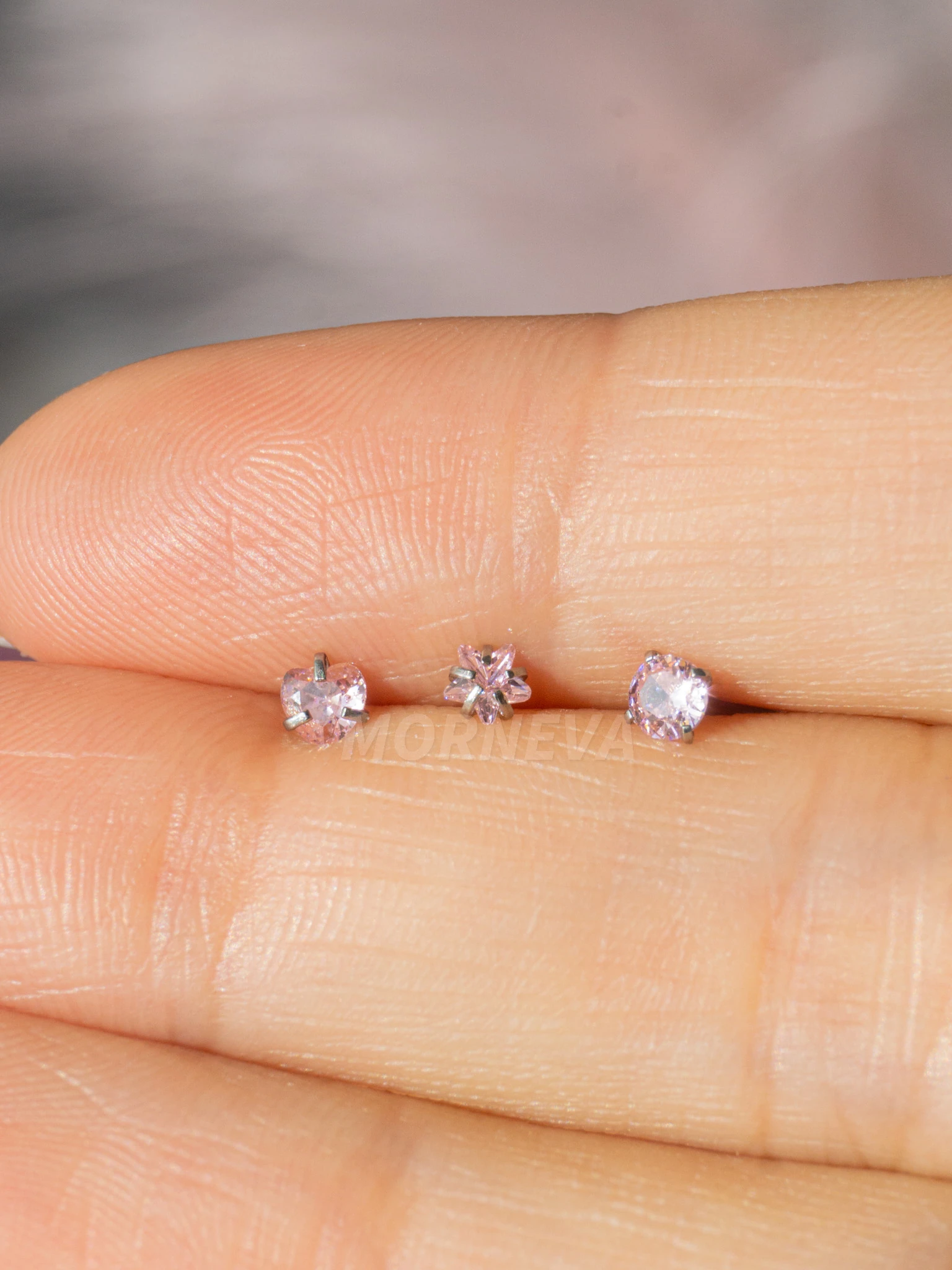 Cerrahi Çelik | Kalp,Yıldız,Daire Taşlı Spiral Kancalı Burun Piercingi 3lü Hızma Set - Pembe