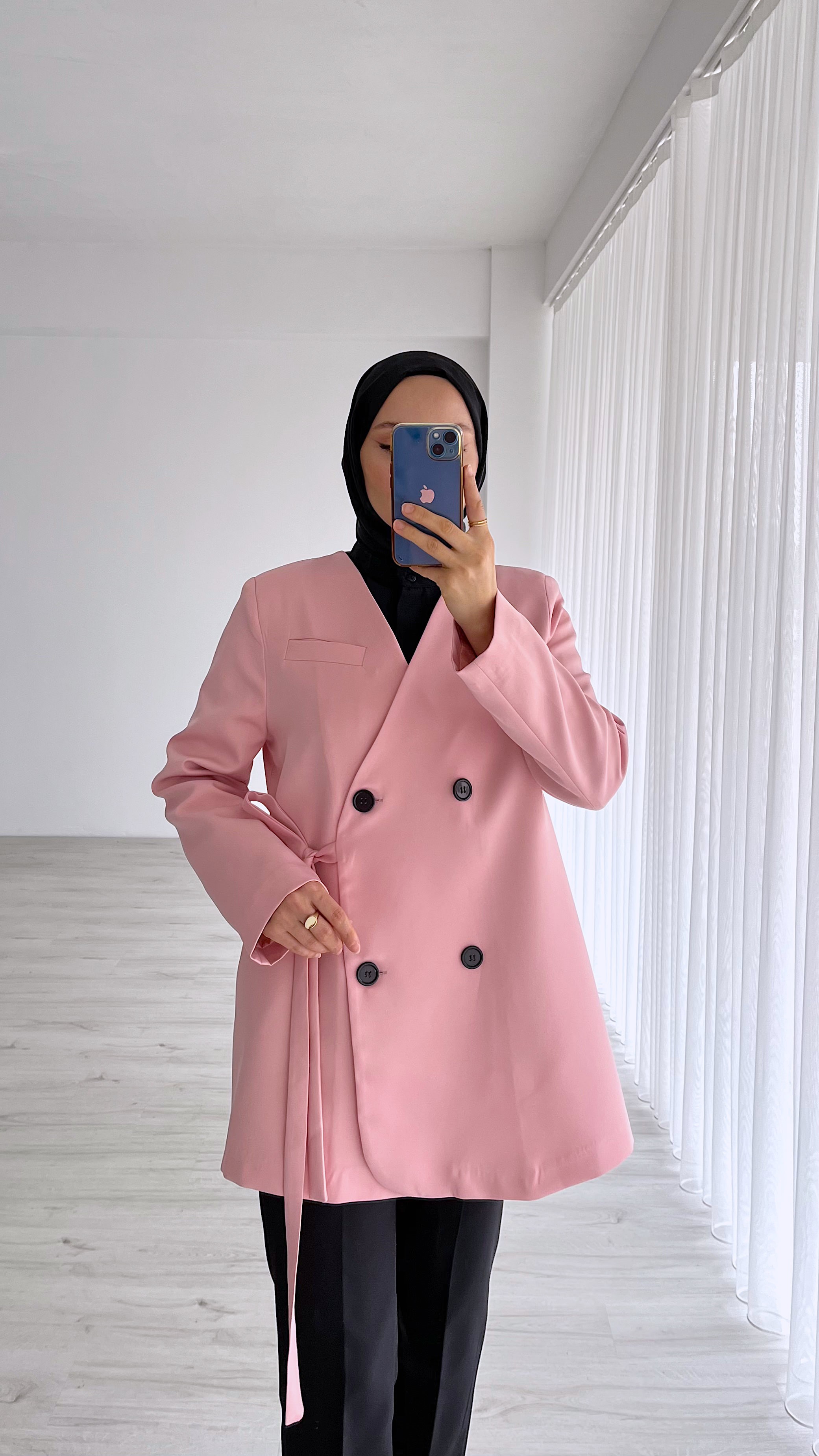 LONA YANDAN BAĞLAMALI BLAZER CEKET  - TOZ PEMBE