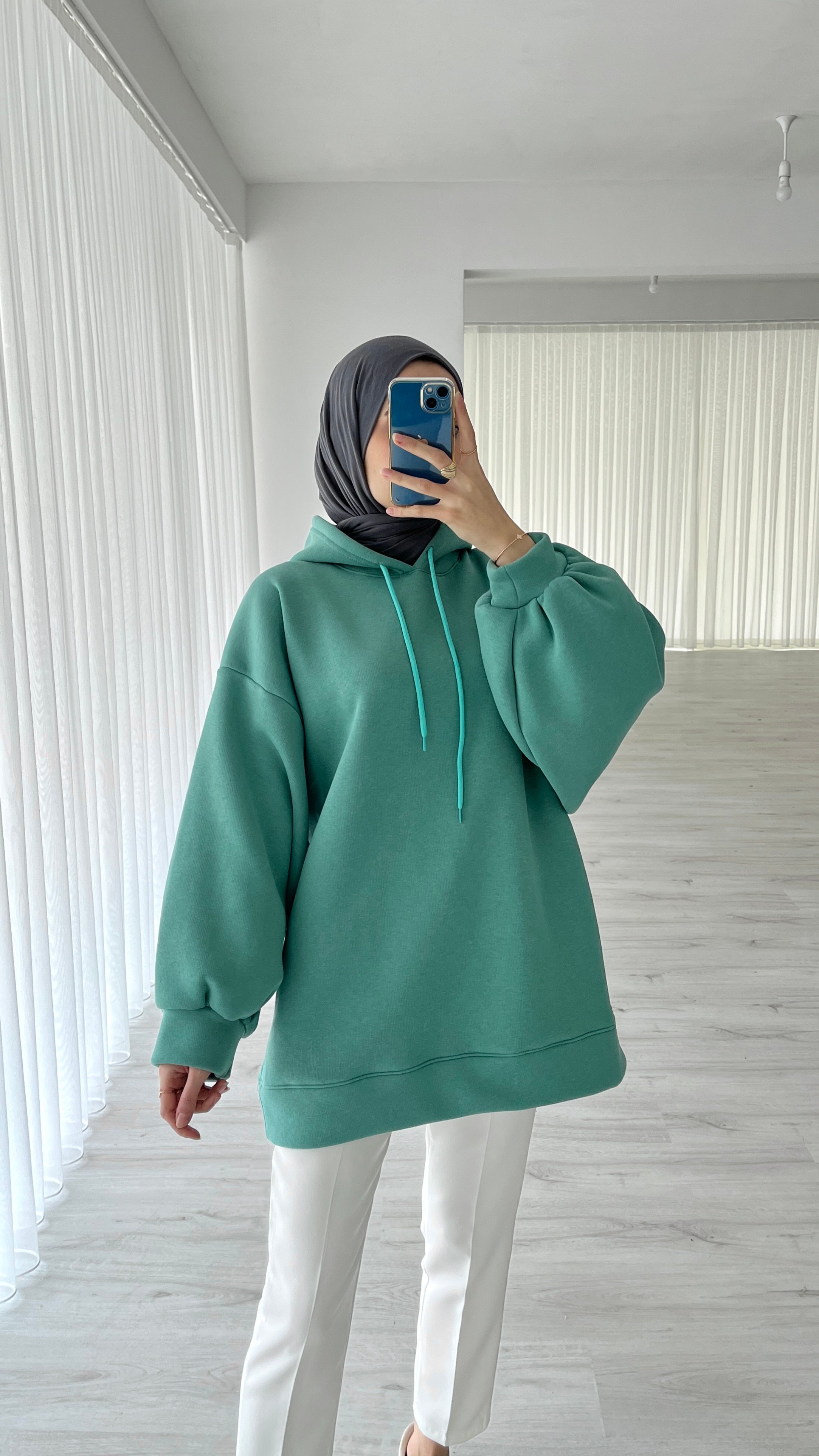 BALON KOL ÜÇ İPLİK SWEATSHIRT - MİNT YEŞİLİ