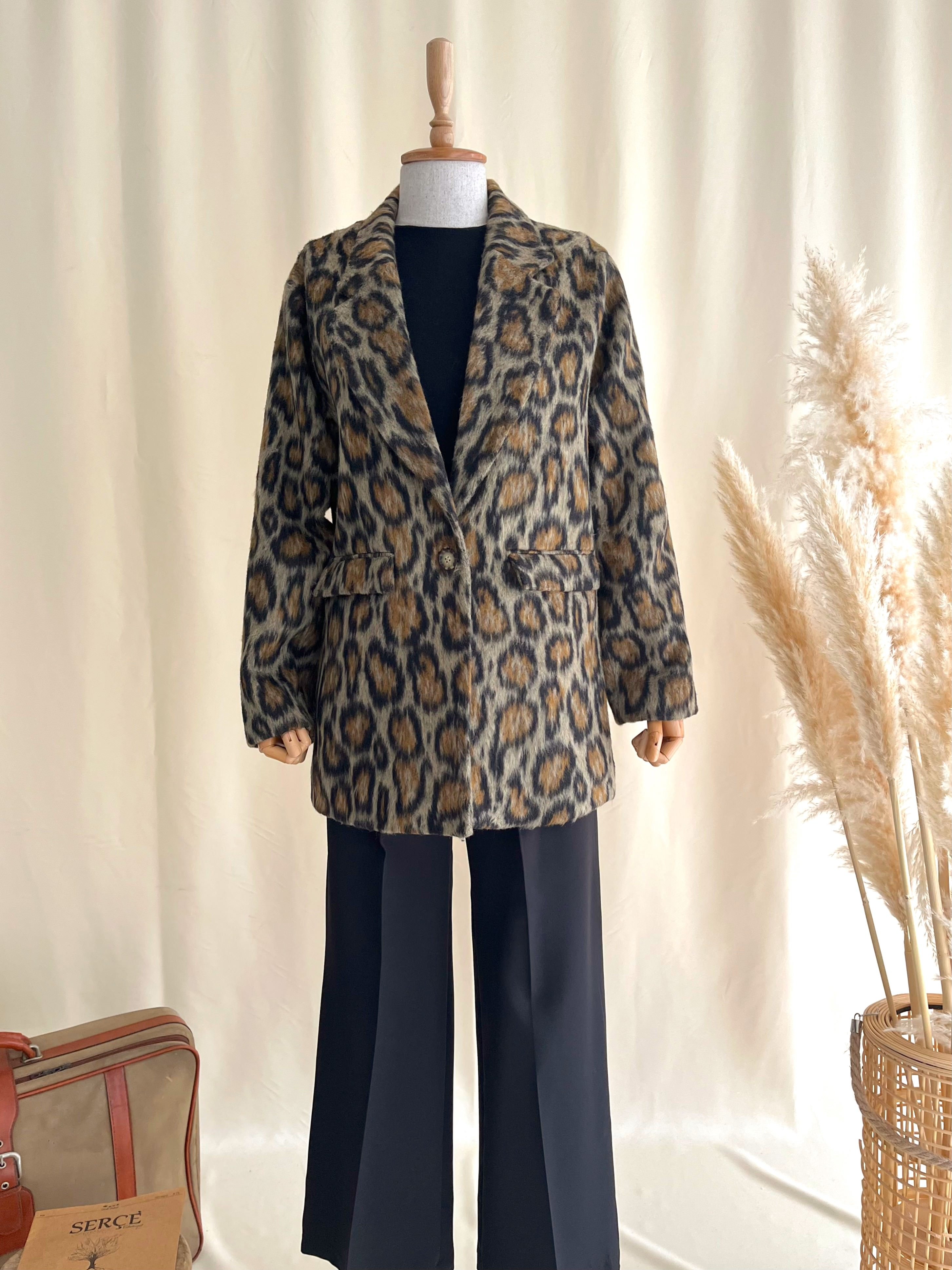 LEOPAR DESENLİ KAŞE BLAZER CEKET  - KAHVE RENGİ