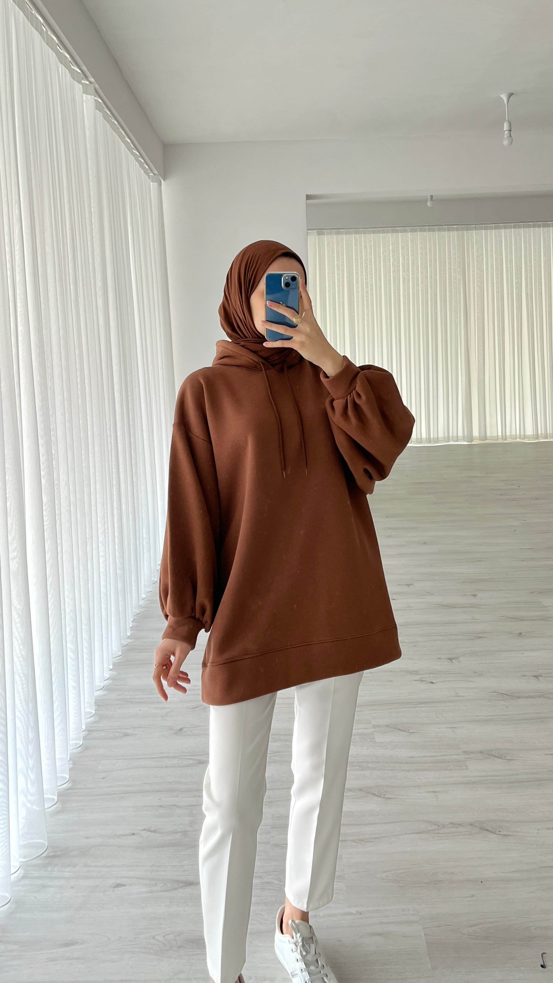 BALON KOL ÜÇ İPLİK SWEATSHIRT - KAHVE RENGİ