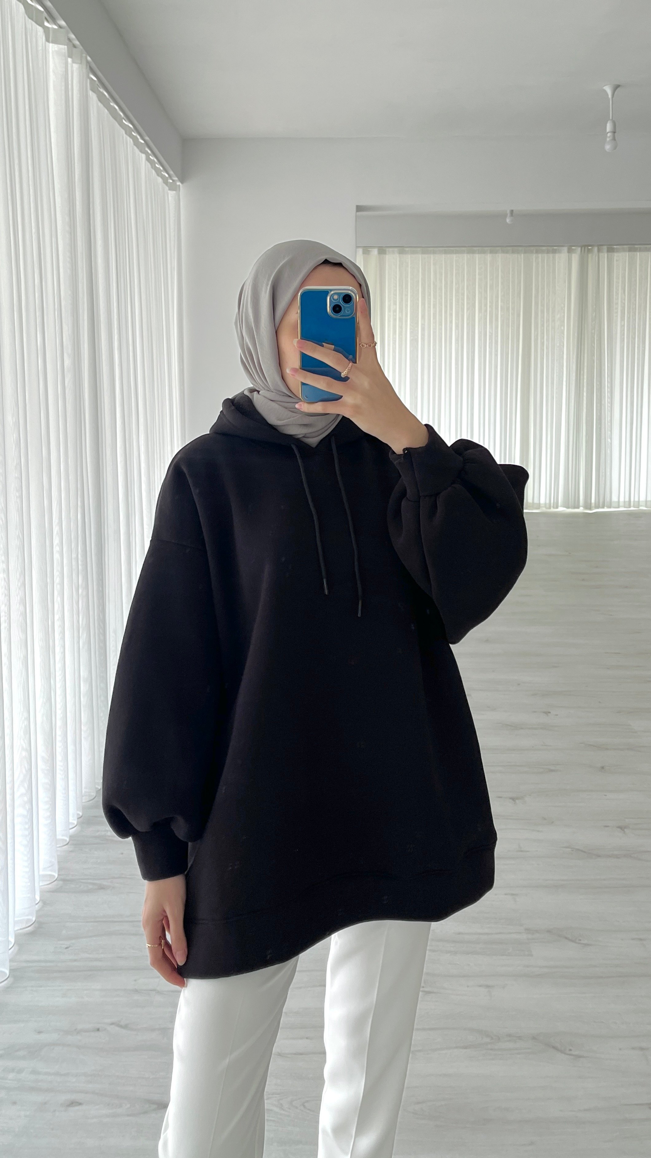 BALON KOL ÜÇ İPLİK SWEATSHIRT - SİYAH