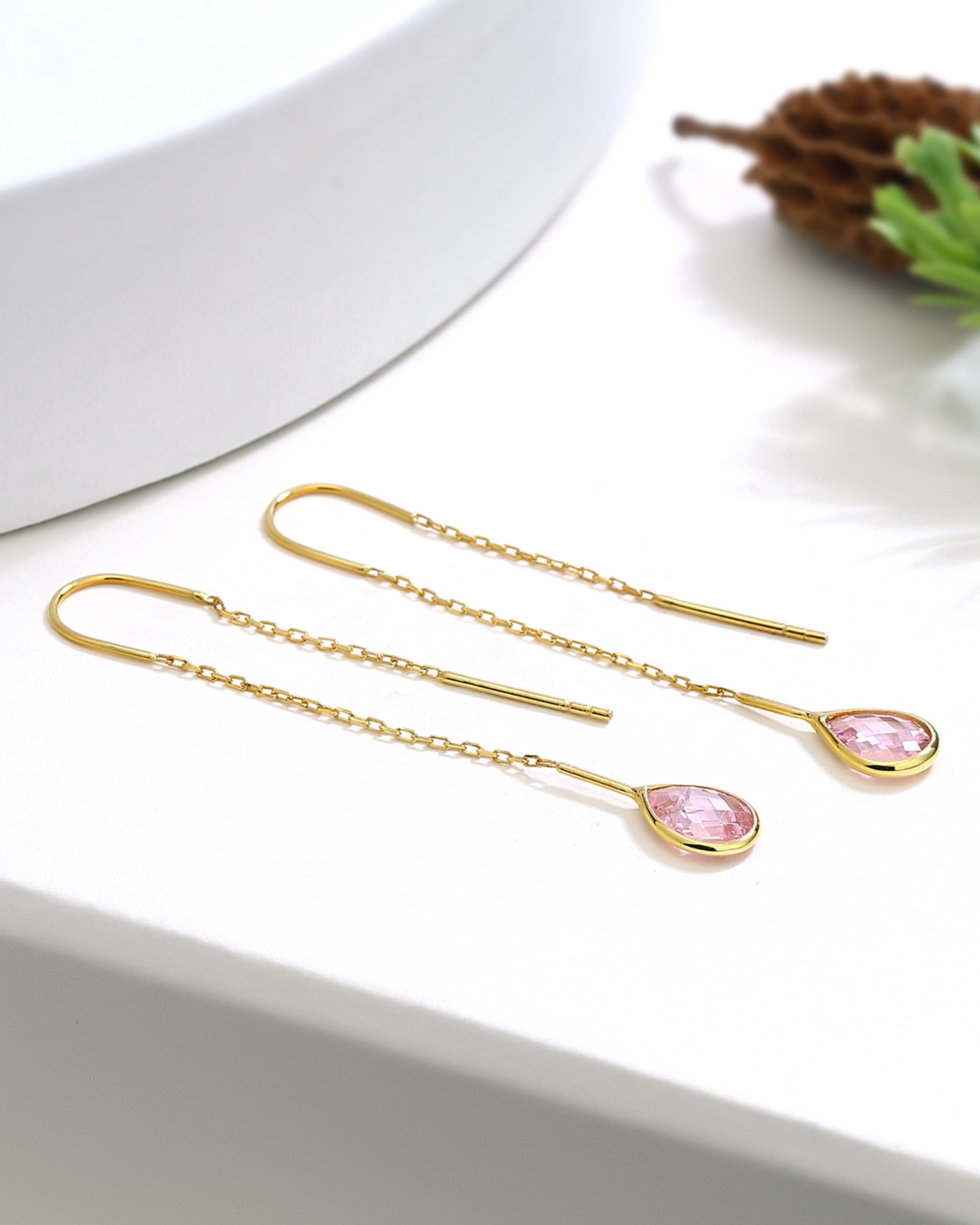 Silver Chain Earrings with Pink Quartz Stones - Gold