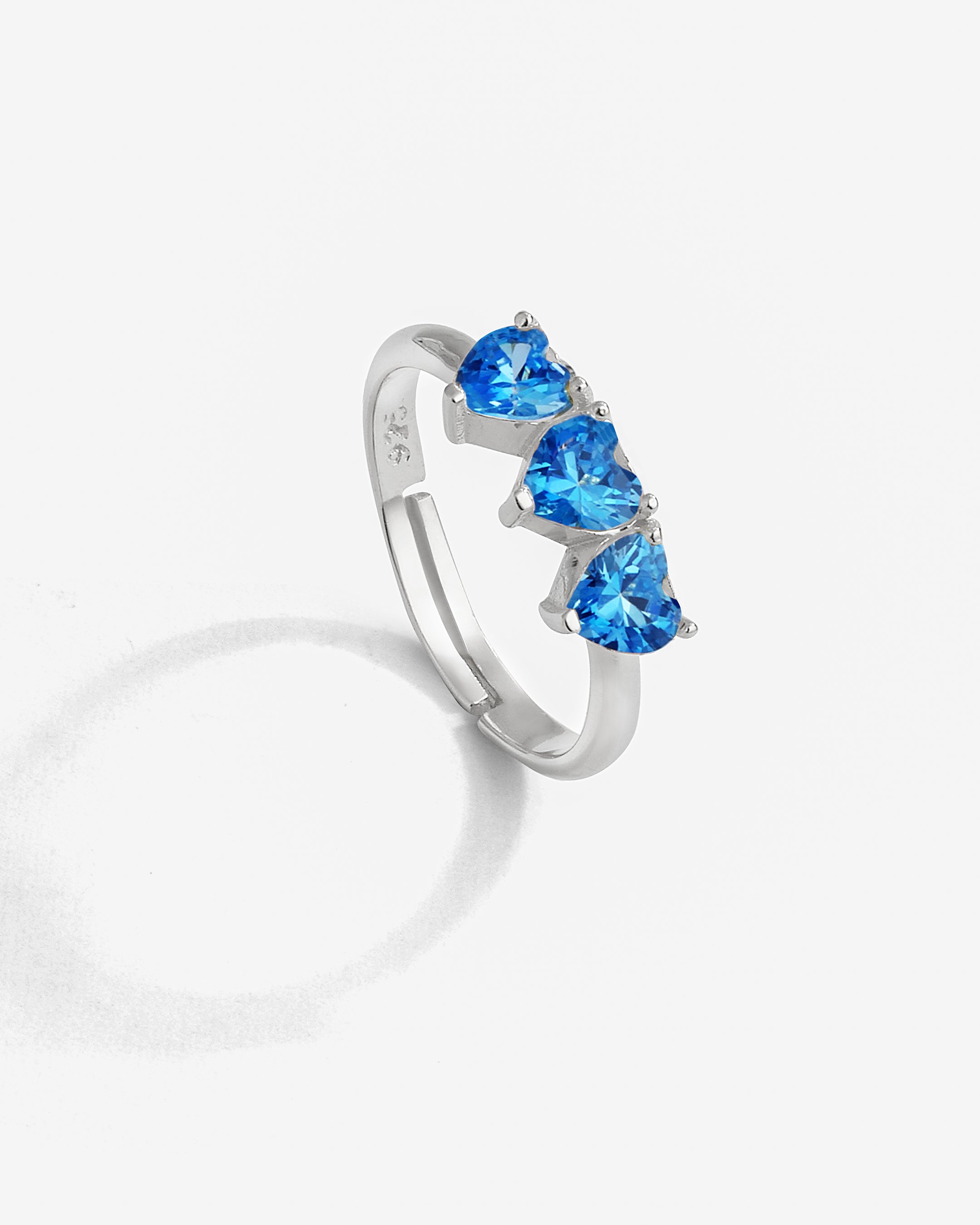 Silver Heart Ring with Aquamarine Colored Stones - White Gold