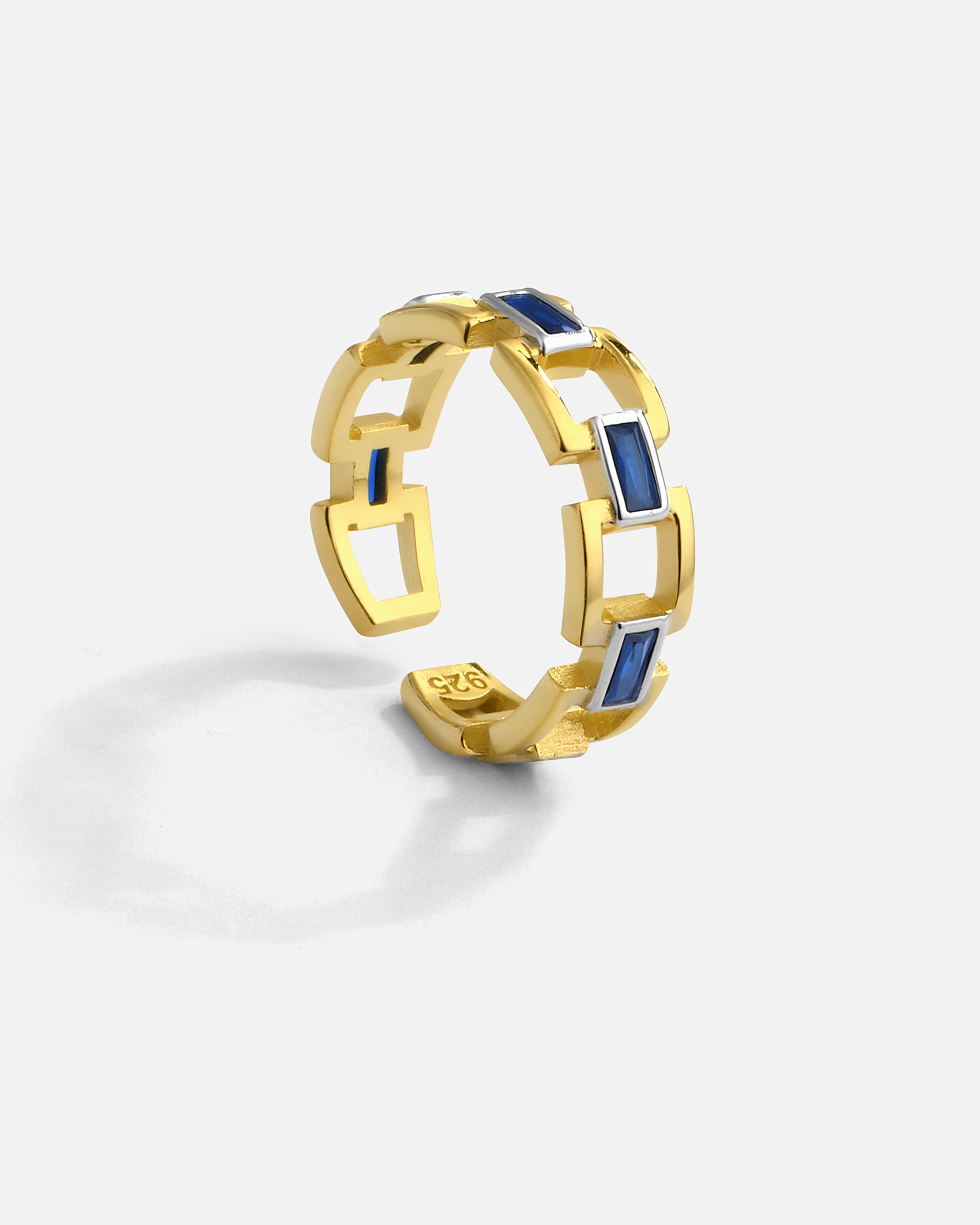 Navy Blue Baguette Stone Silver Ring - Gold