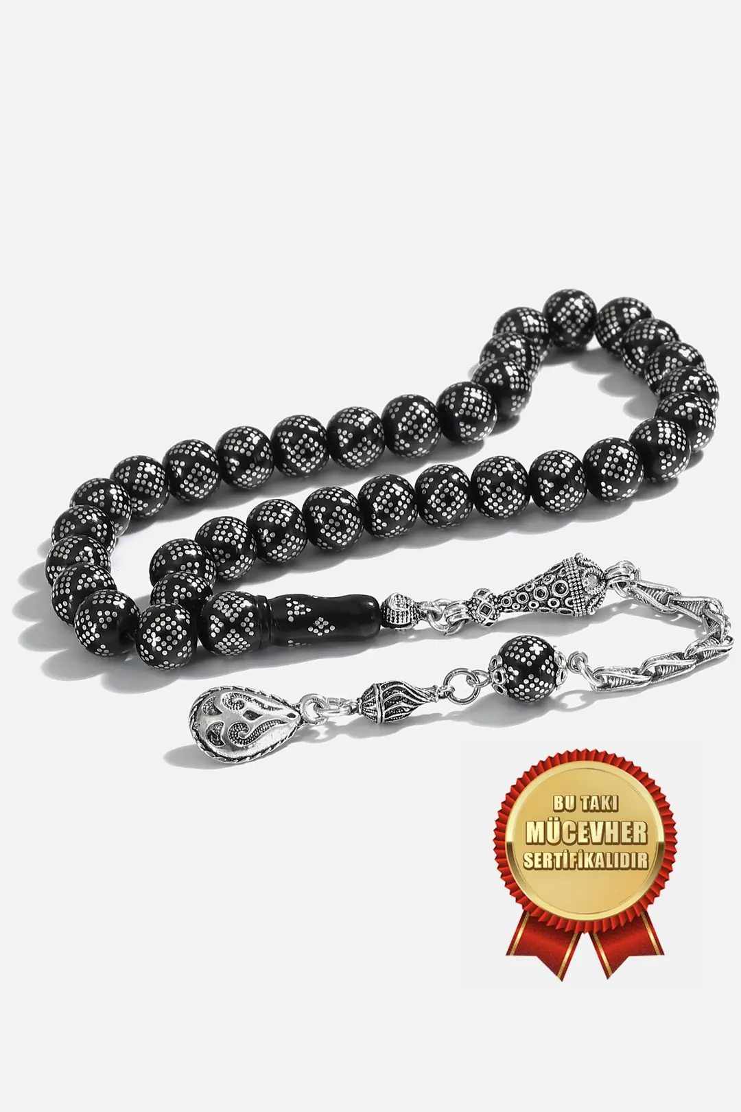 Silver Engraved Oltu Prayer Beads