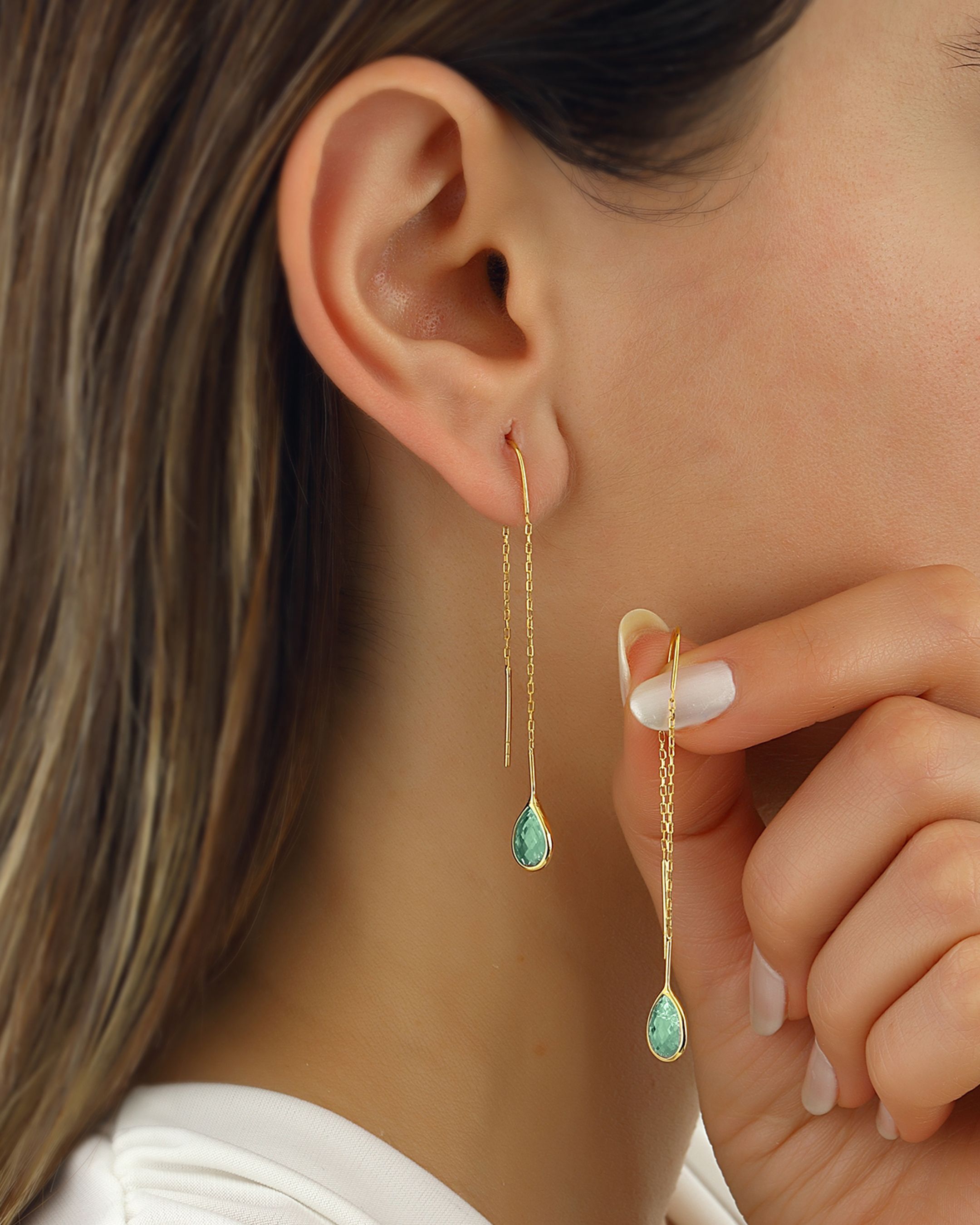 Silver Chain Earrings with Emerald Stones - Gold