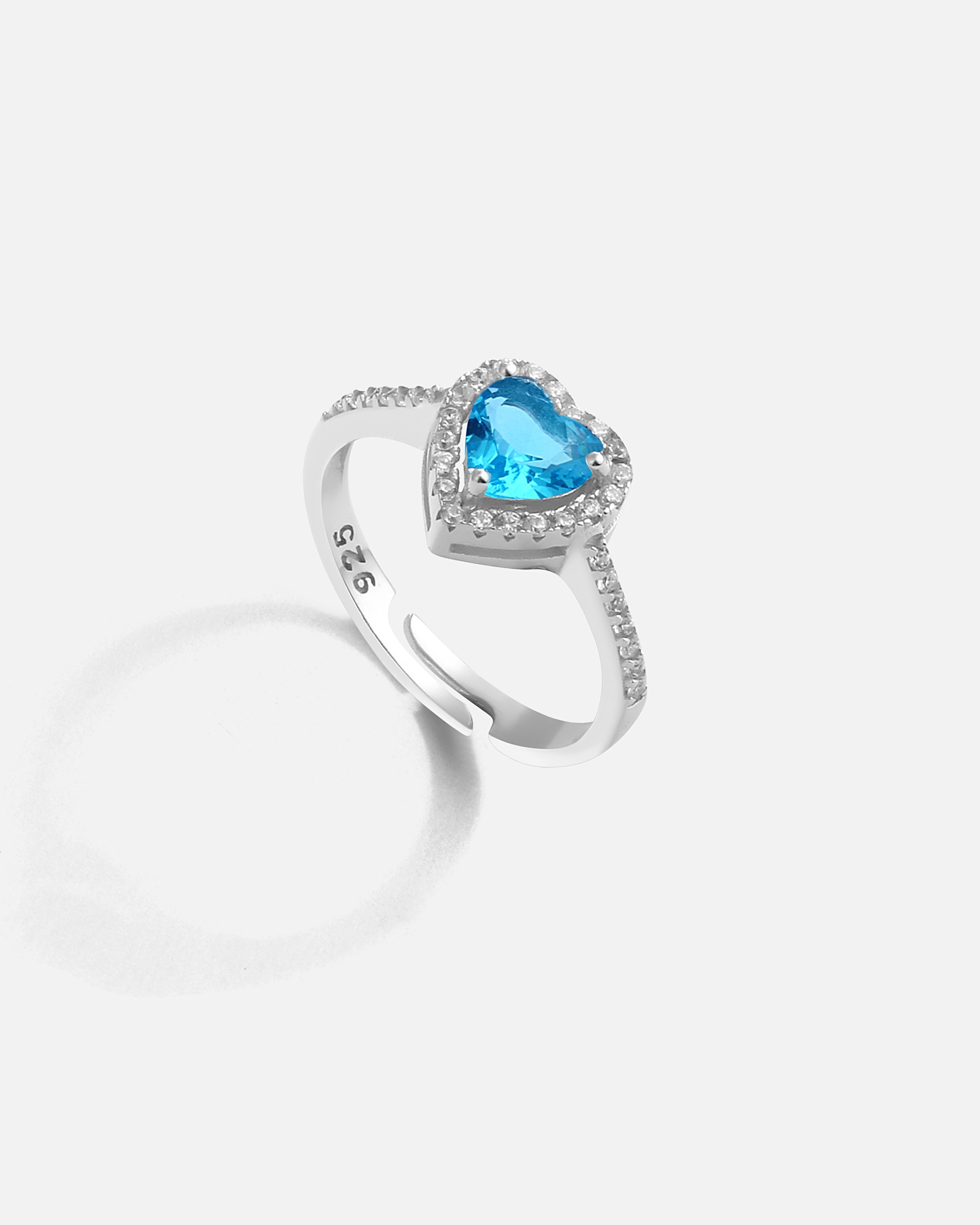 Silver Heart Ring with Aquamarine Colored Stones - White Gold