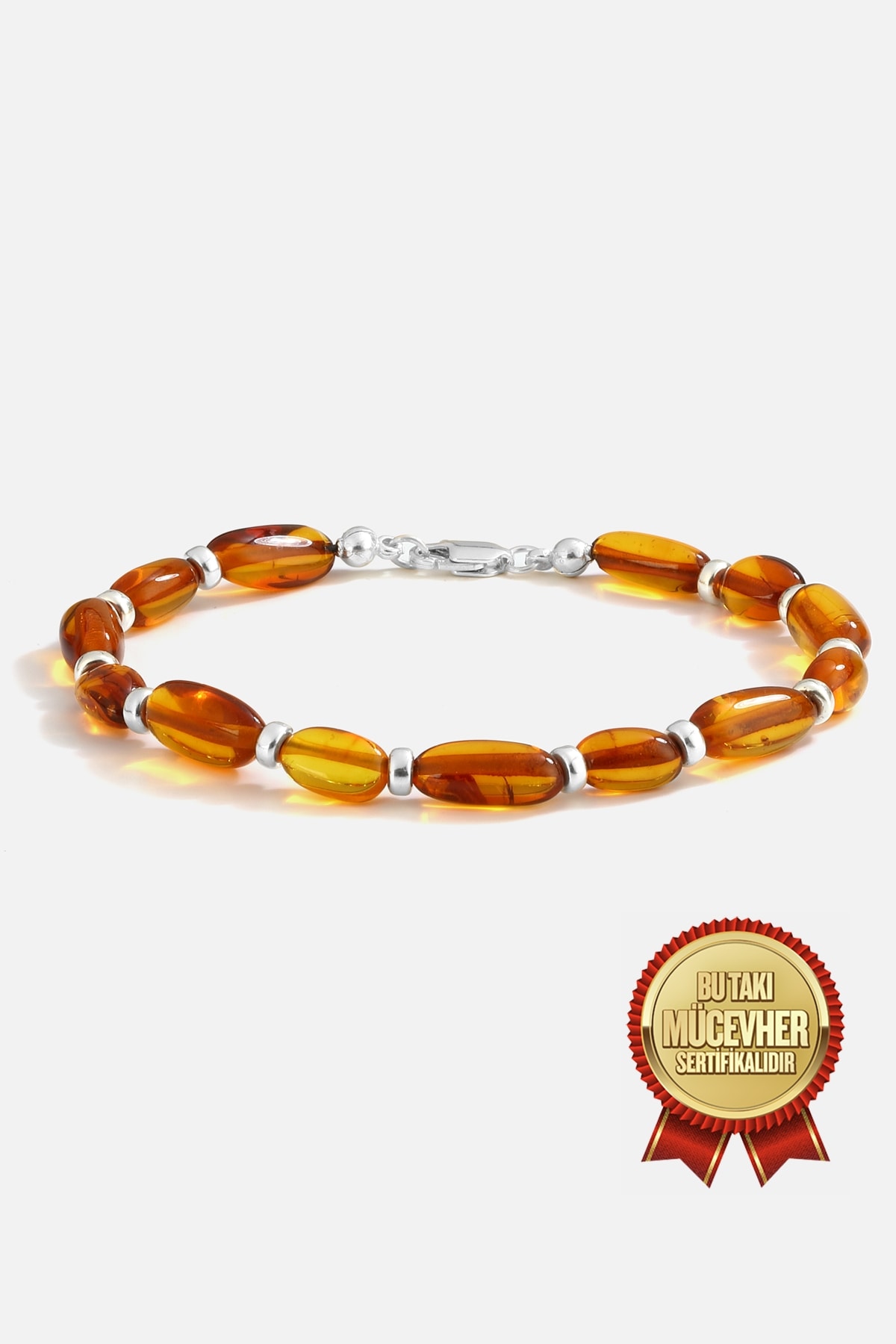 Saf Kehribar Taşlı Gümüş Erkek Bilekliği