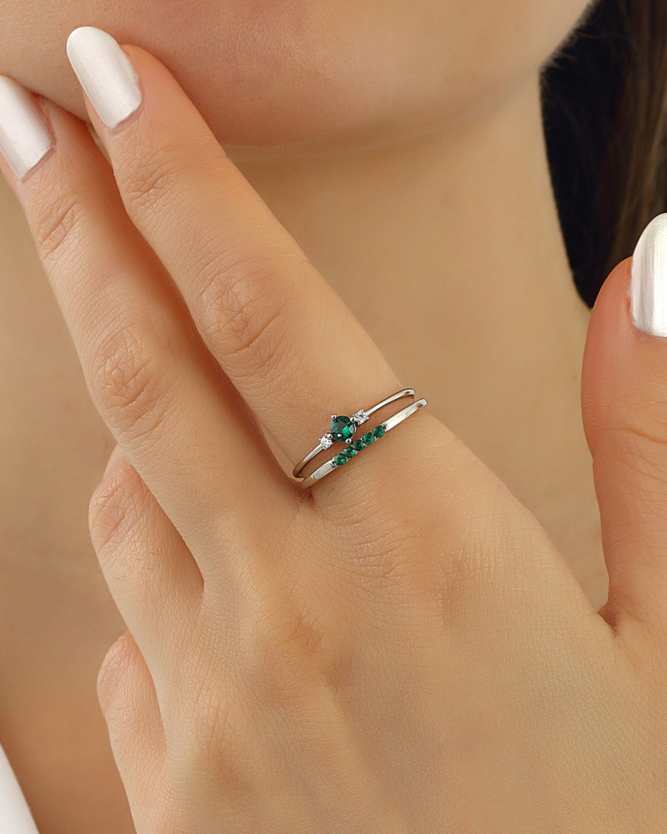 Emerald Stone Silver Ring Combination - White Gold