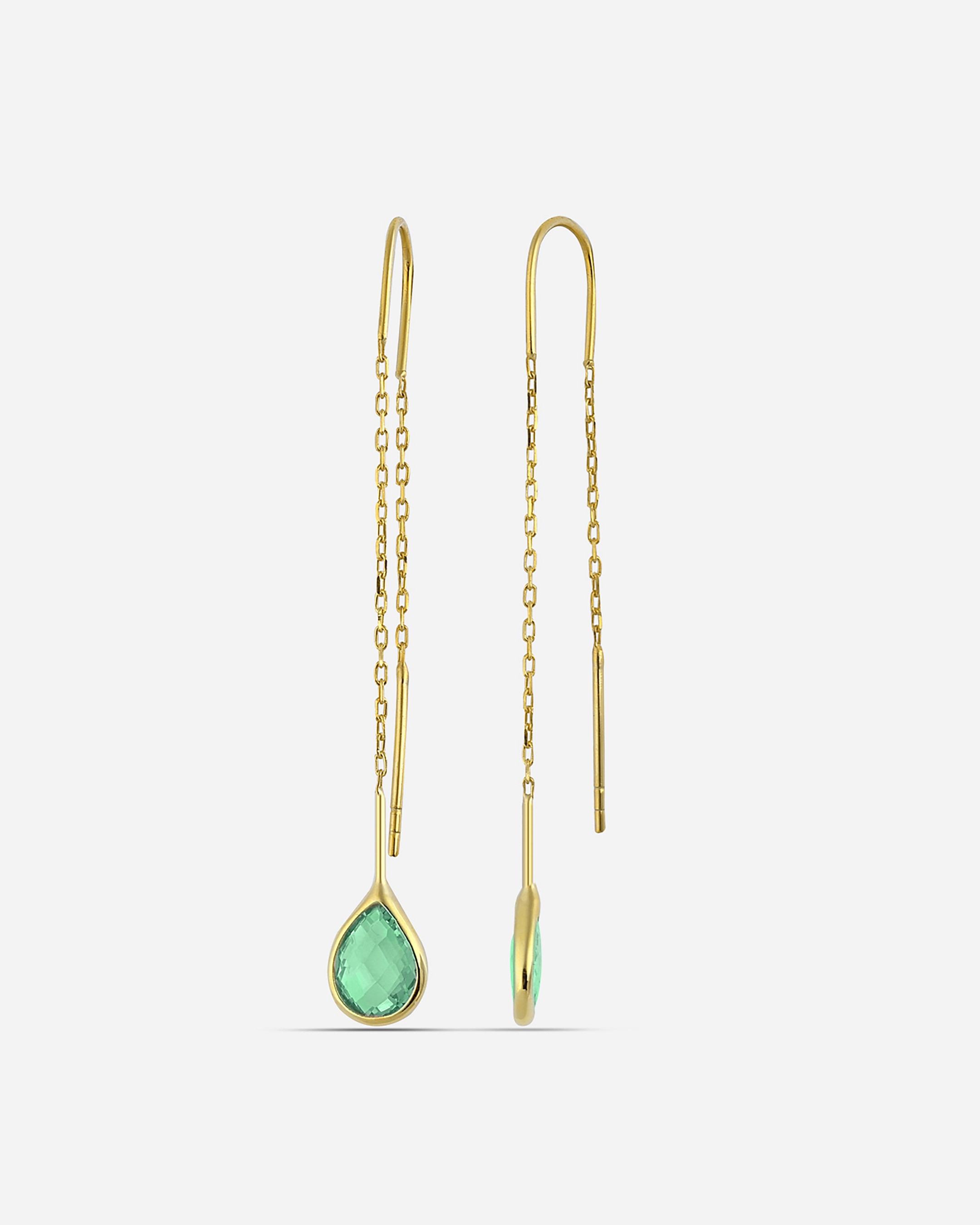 Silver Chain Earrings with Emerald Stones - Gold