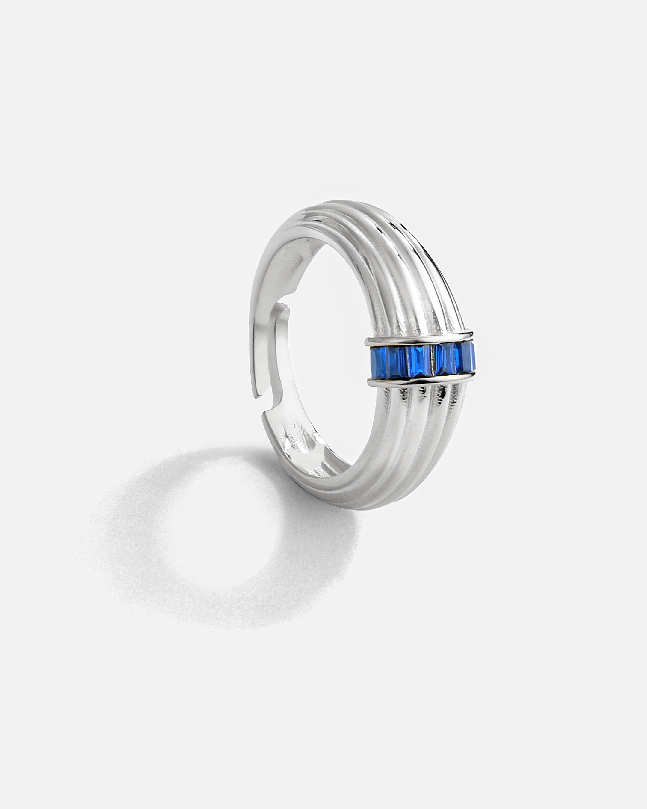 Navy Blue Baguette Stone Silver Ring - White Gold