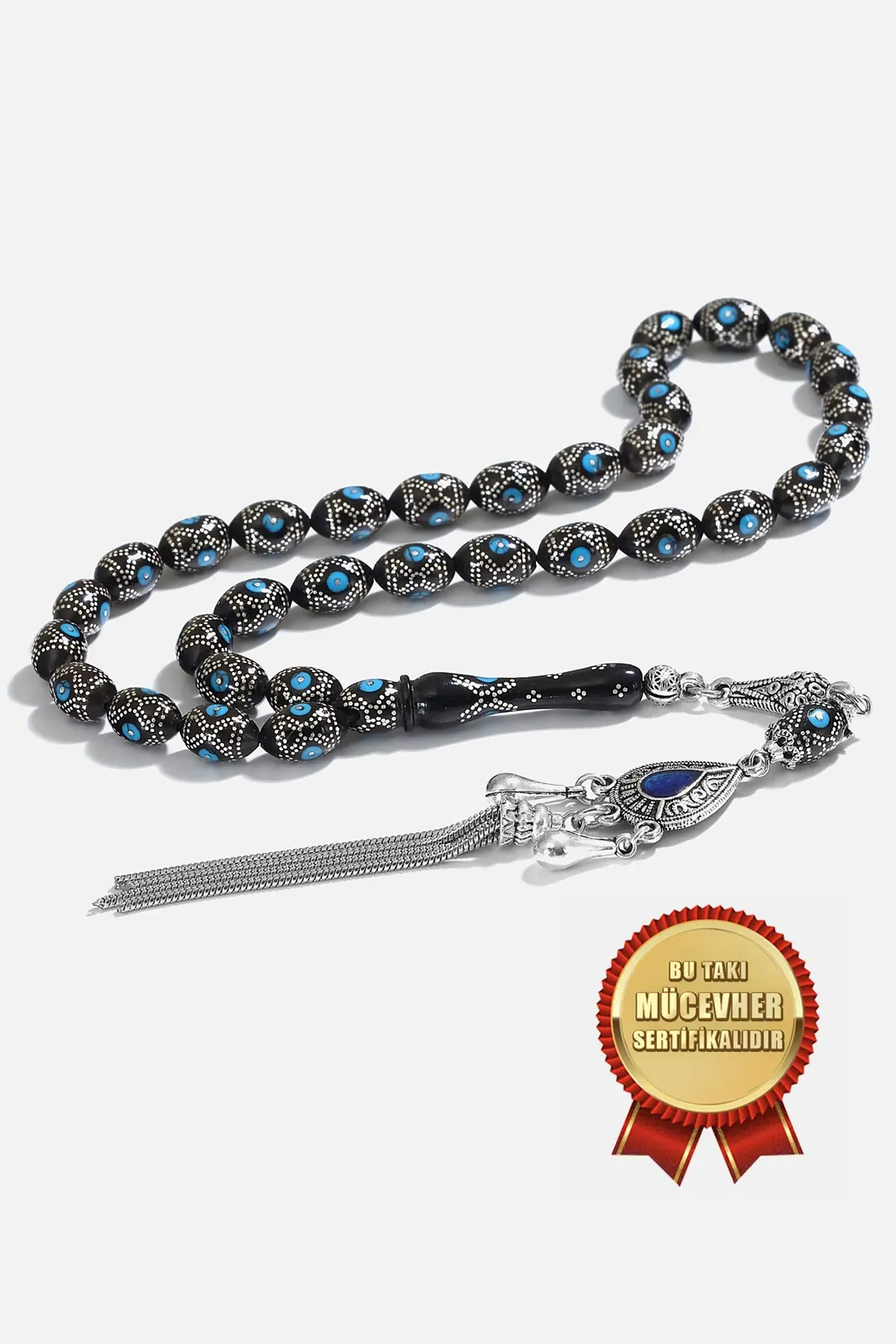 Turquoise & Silver Engraved Oltu Prayer Beads