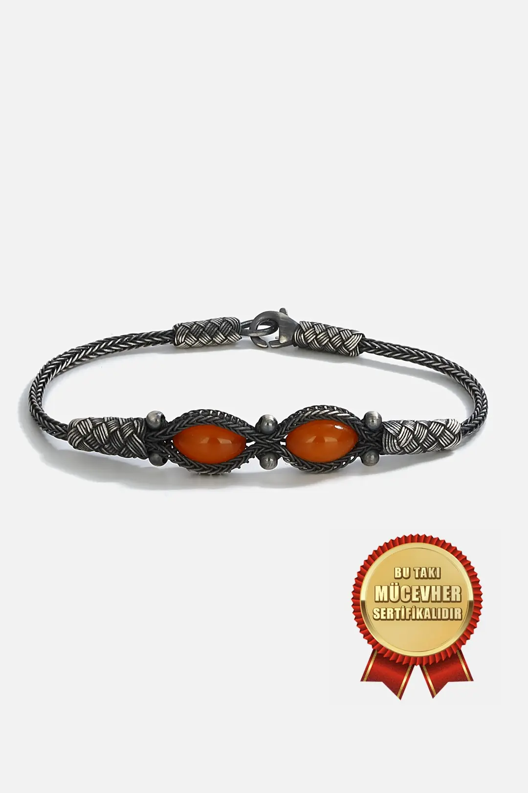 925 K Silver Kazaz Handcrafted Black Oxidized Elips Stone Men's Bilekli
