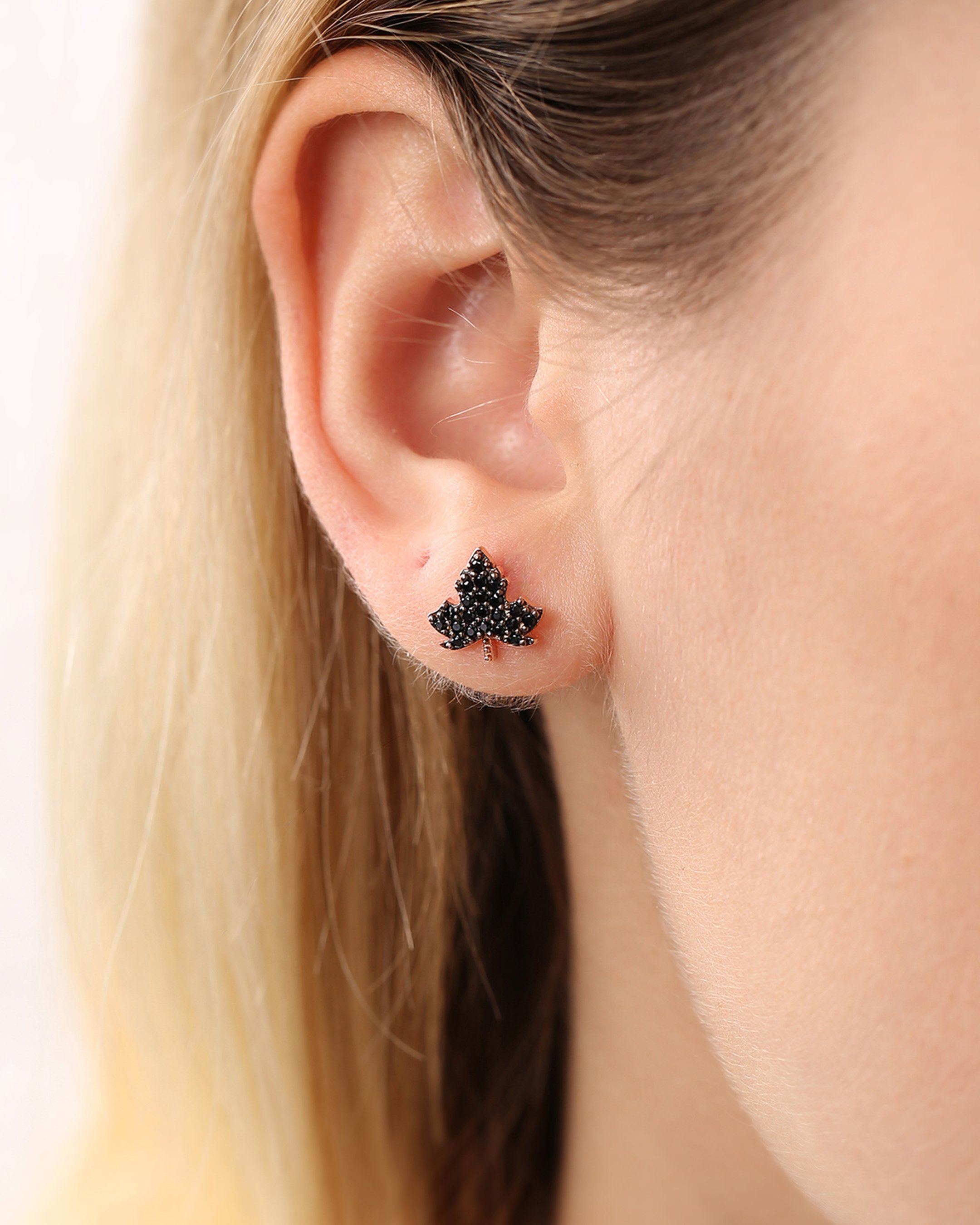 Silver Sycamore Leaf Earrings with Onyx Stone