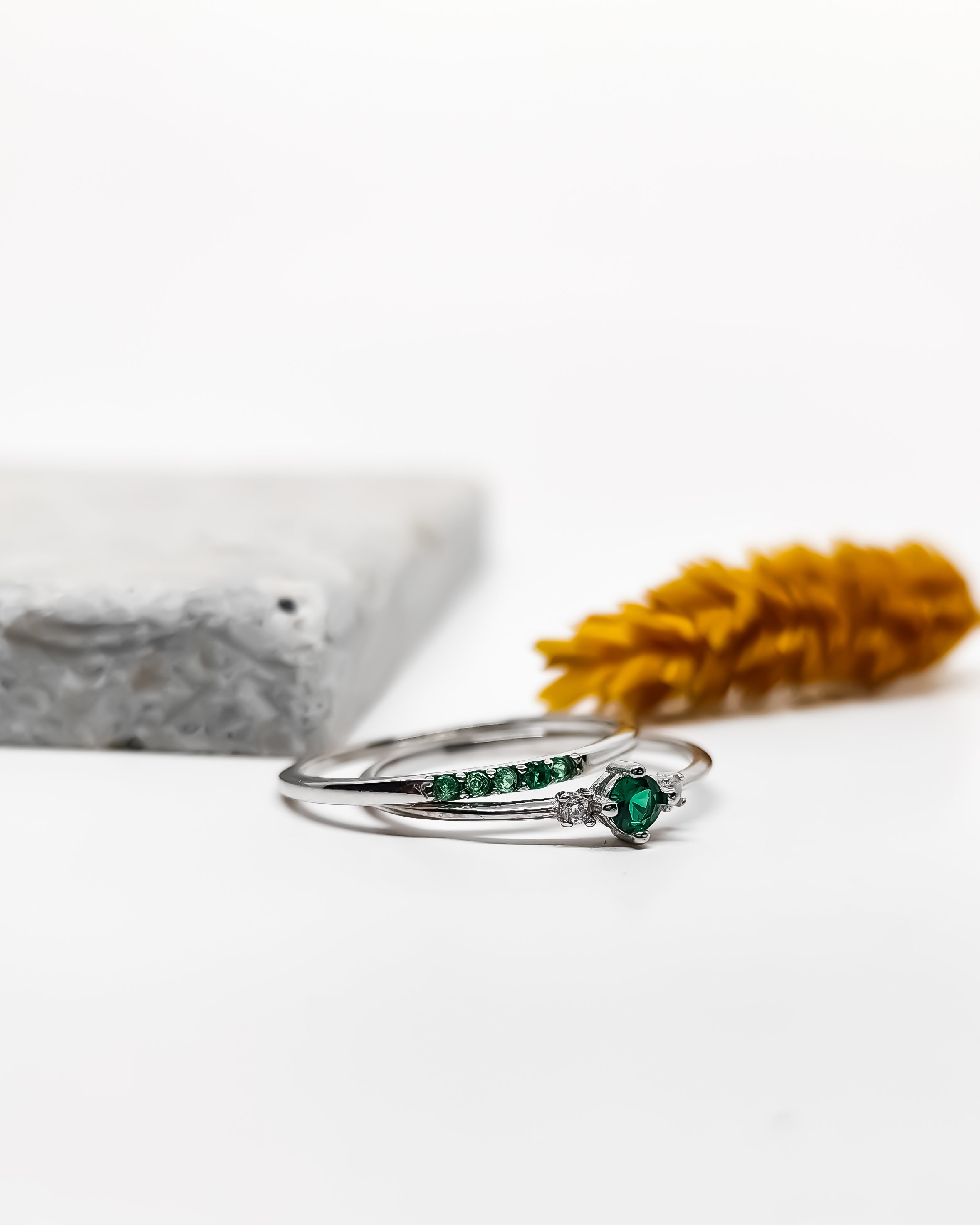 Emerald Stone Silver Ring Combination - White Gold