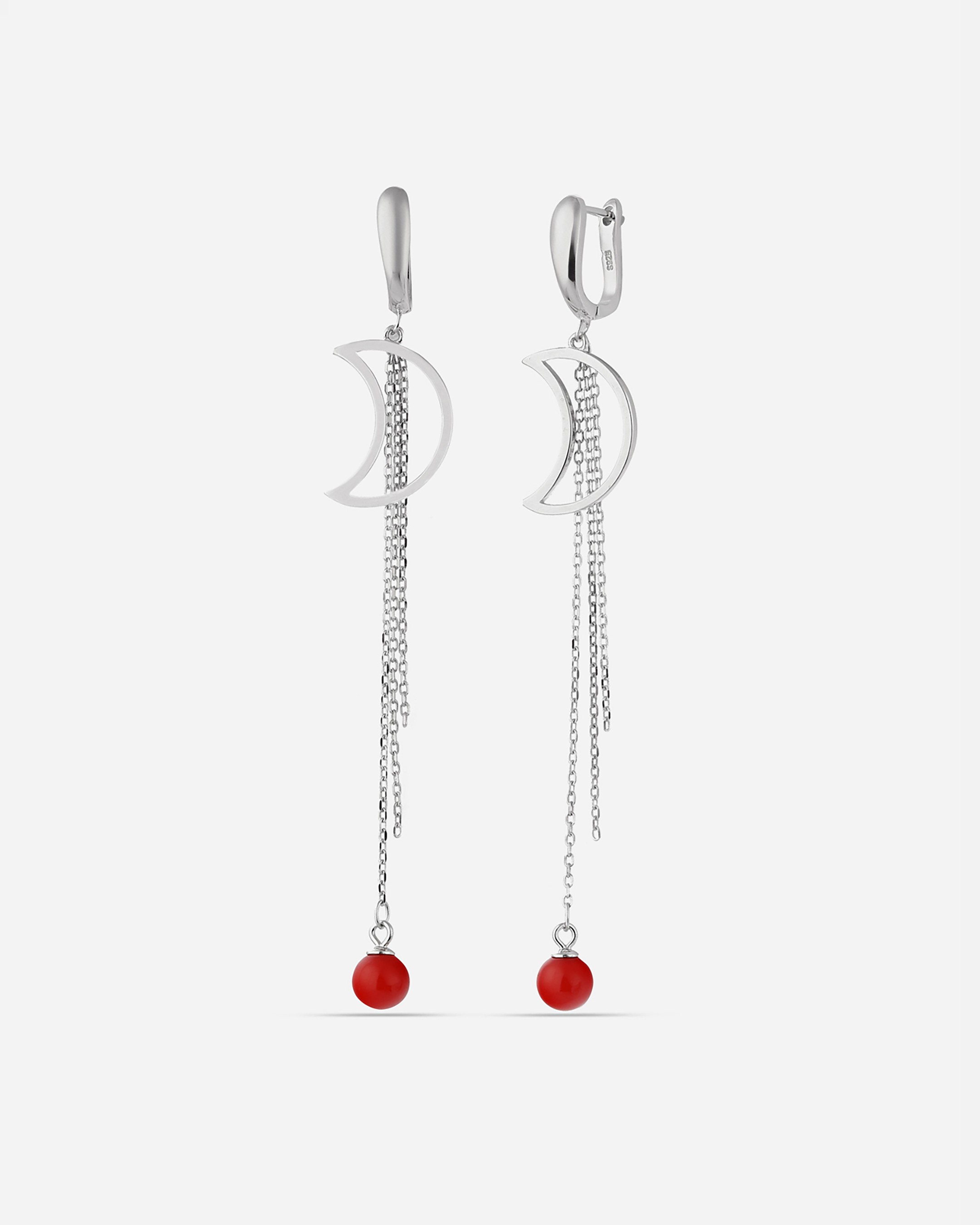 Silver Crescent Earrings with Coral Stone - White Gold