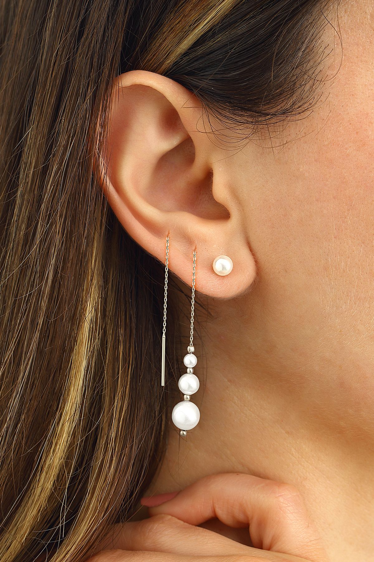 Boucles d'oreilles en perles argentées - Or blanc