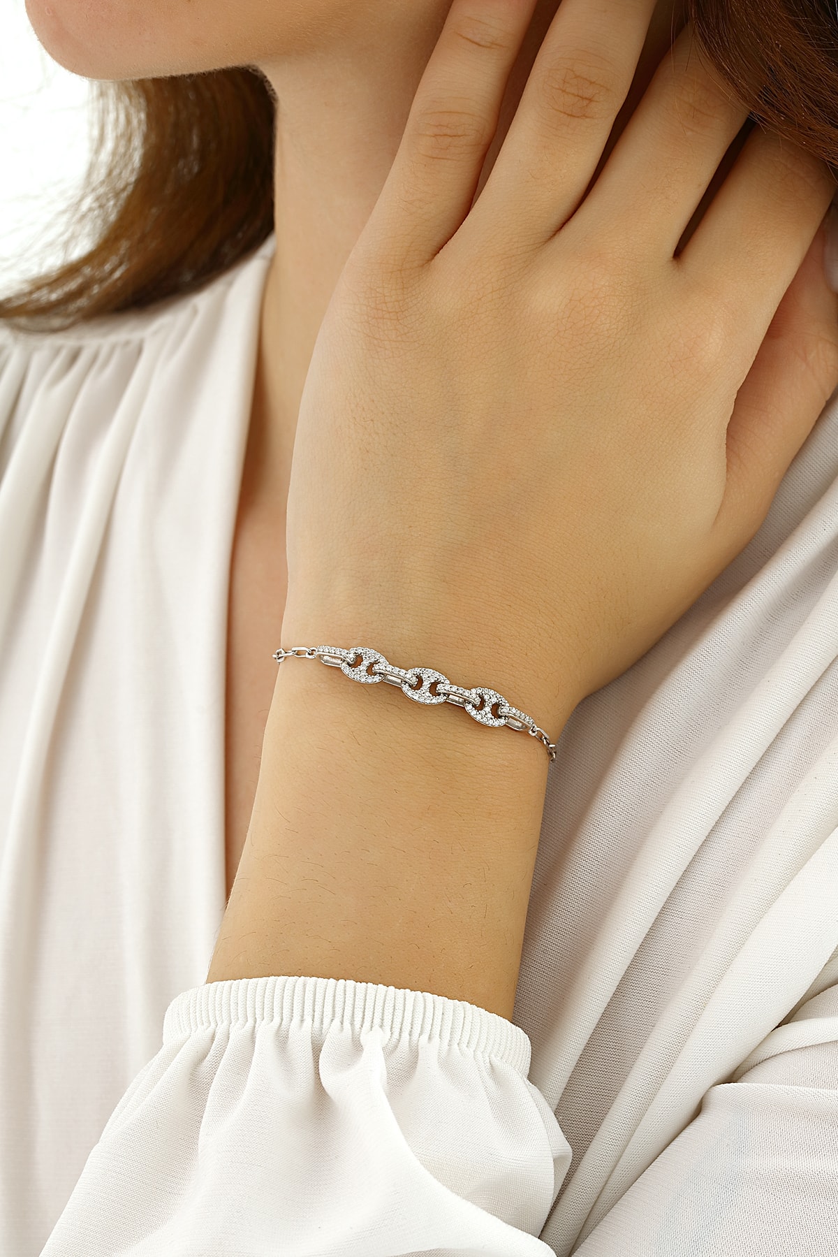 Mikron Altın Kaplama Gümüş Zirkon Bileklik - Beyaz Altın