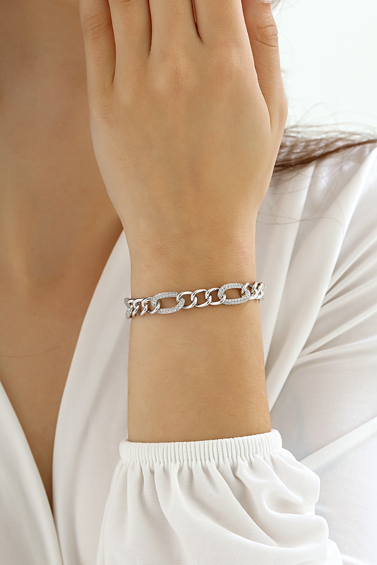 Mikron Altın Kaplama Gümüş Figaro Bileklik - Beyaz Altın