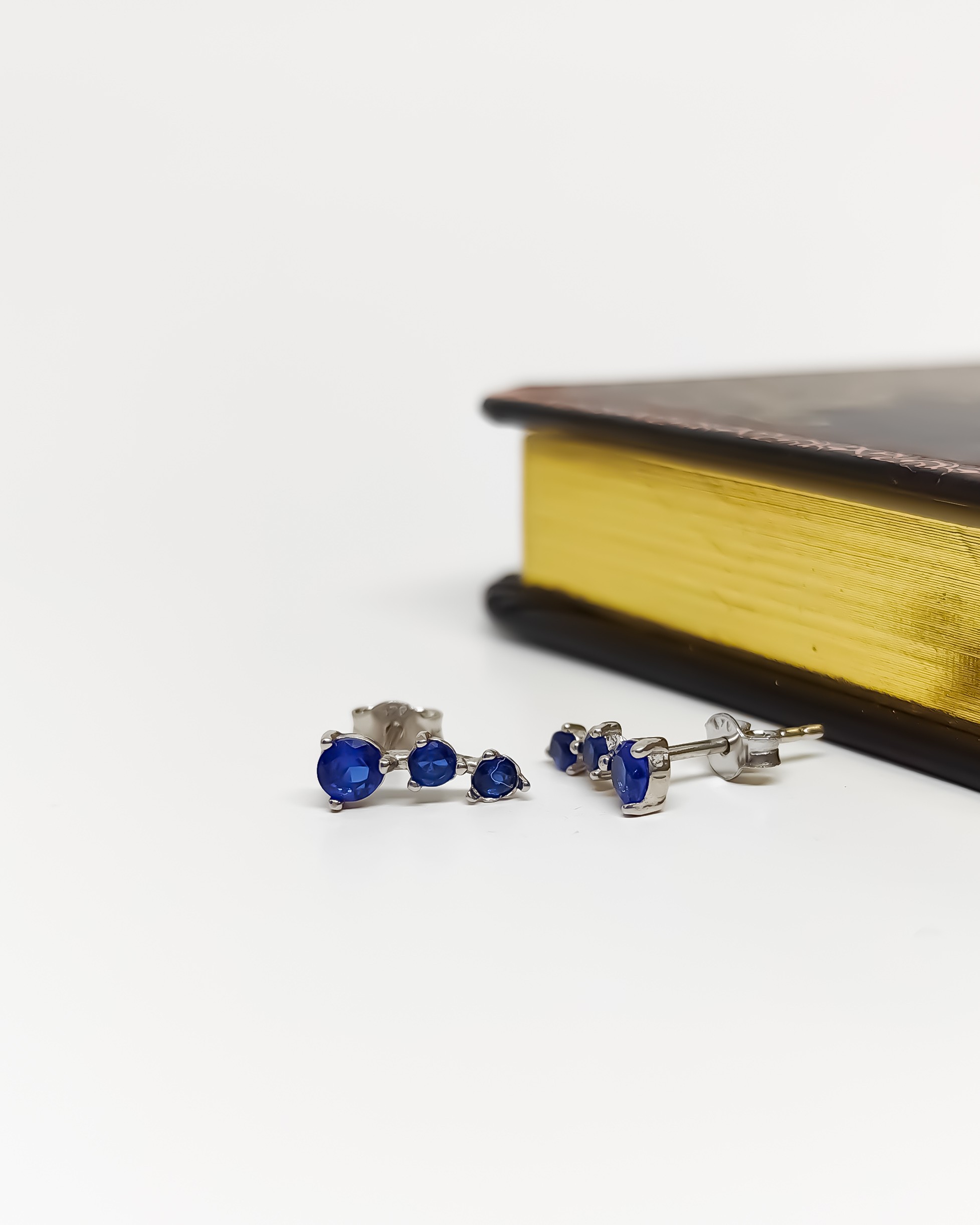 Navy Blue Stone Silver Strained Earrings - White Gold