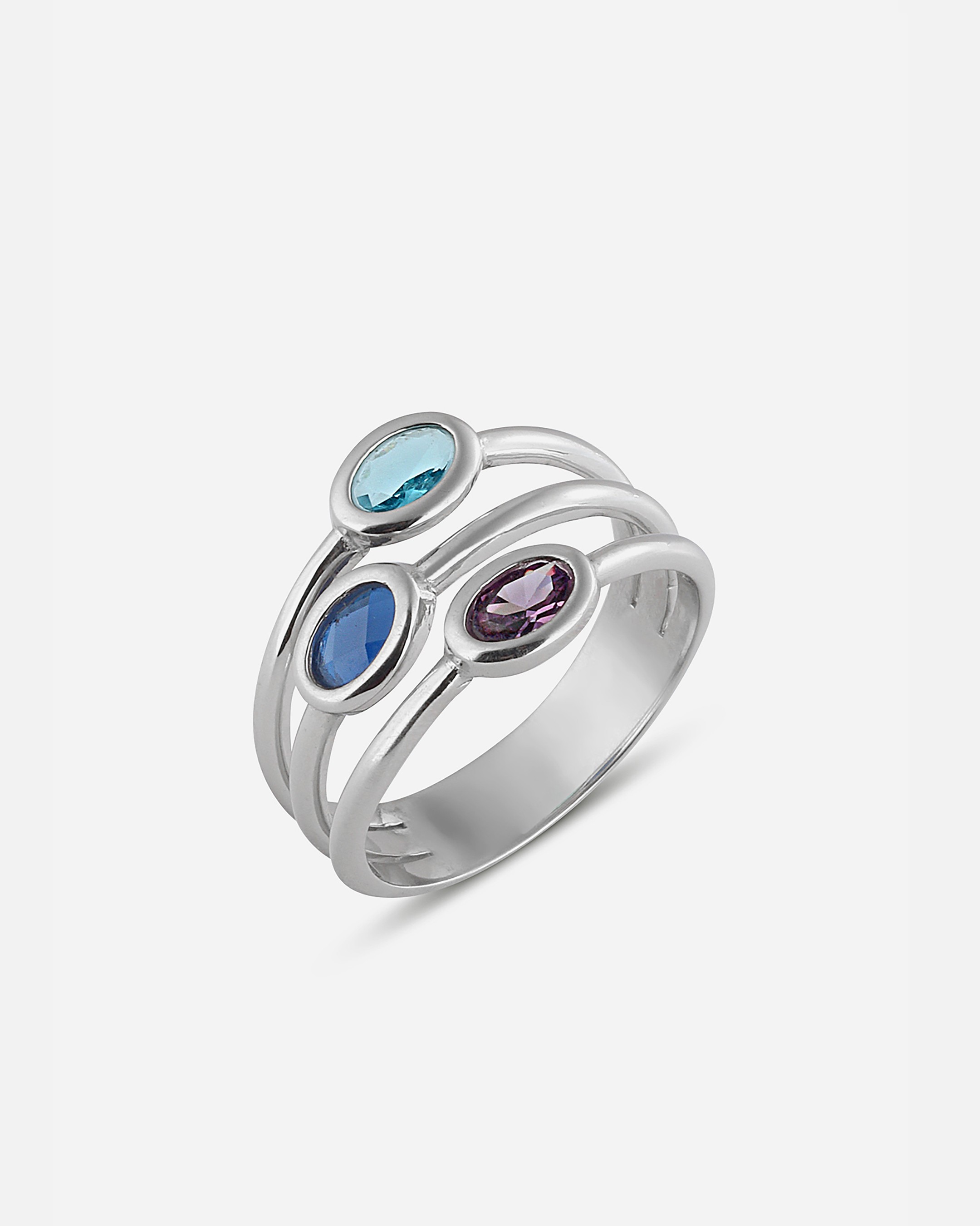 Mix Stone Design Silver Ring - White Gold