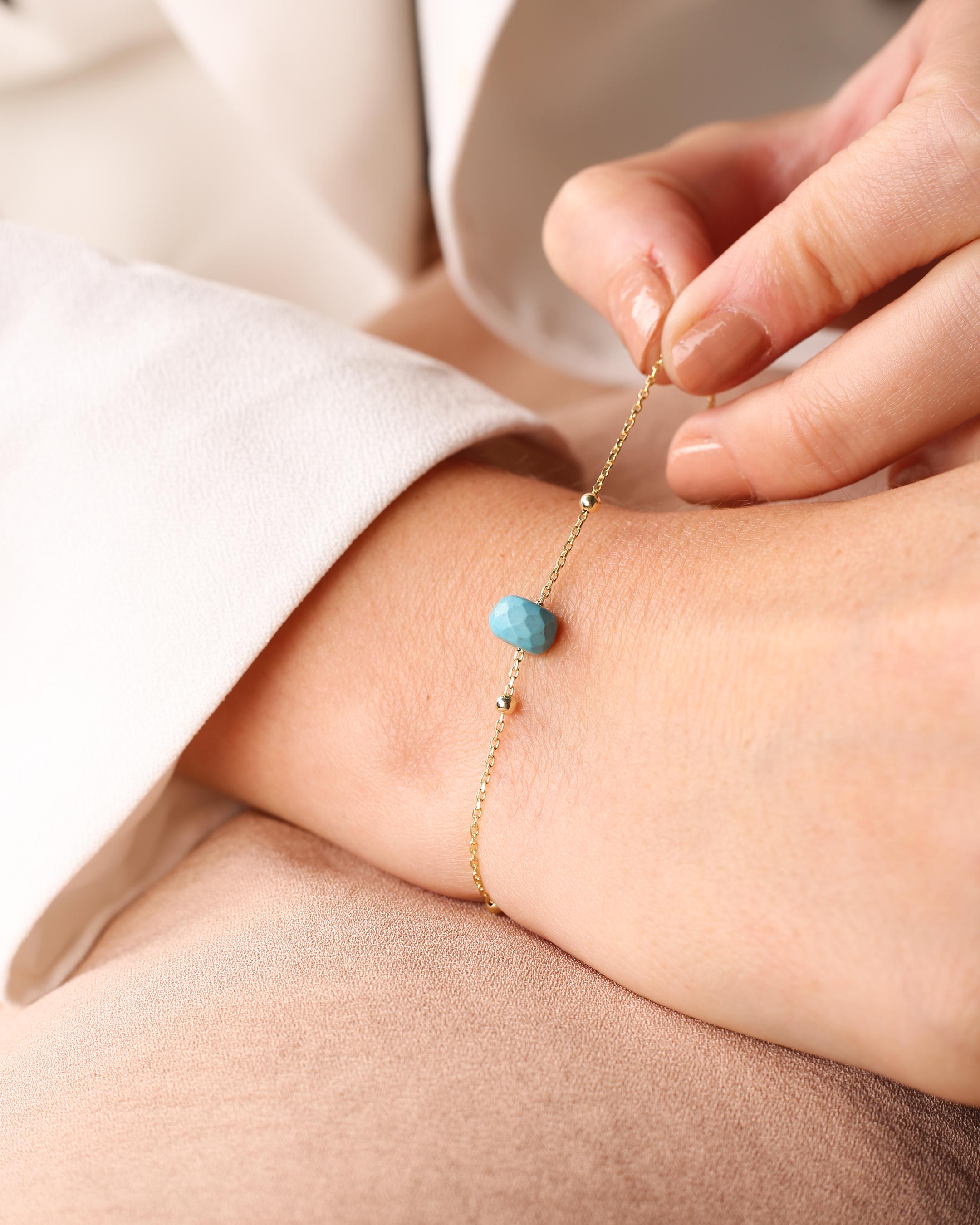 Blue Beaded Silver Bracelet - Gold