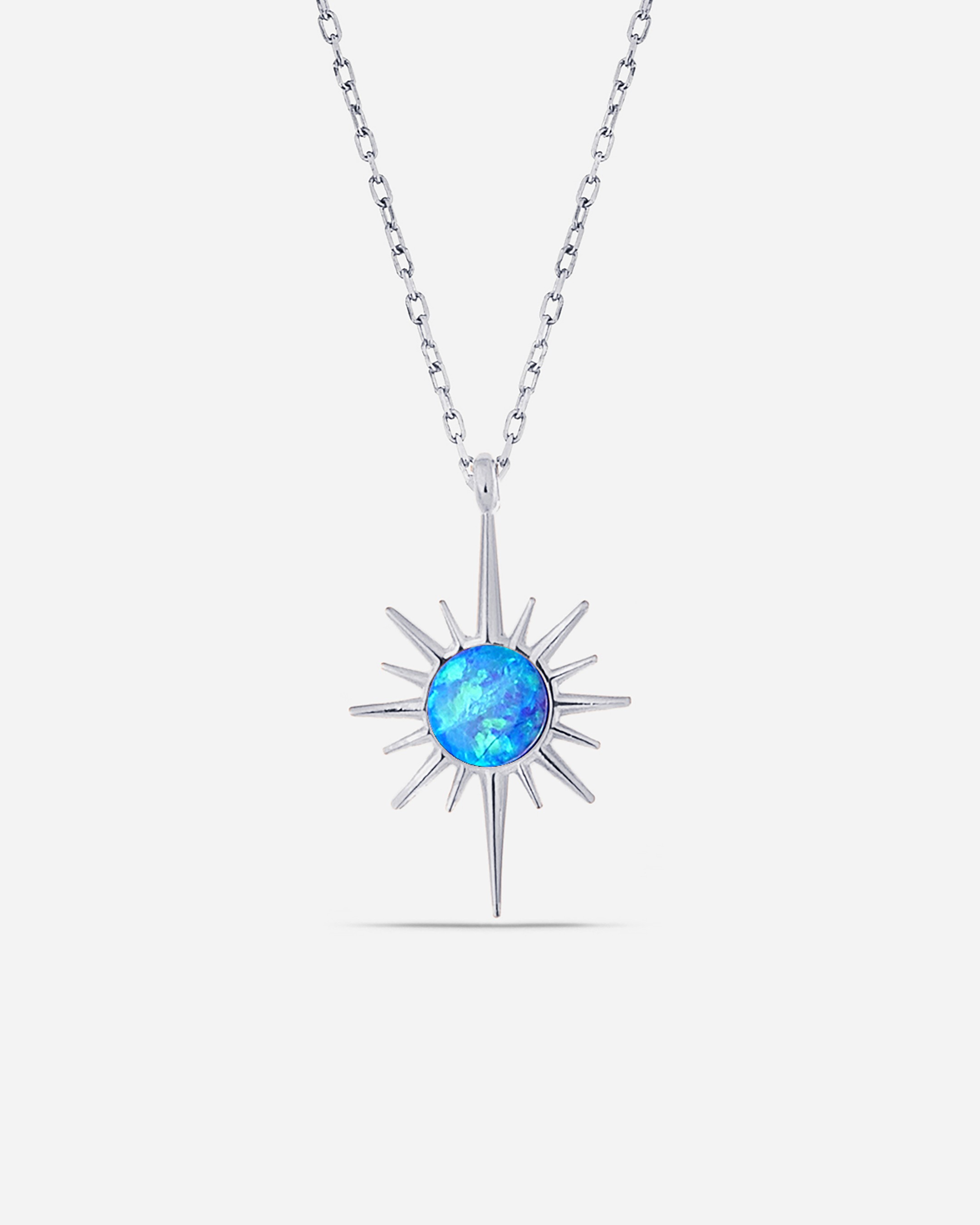 Blue Opal Stone Silver Pole Star Necklace - White Gold