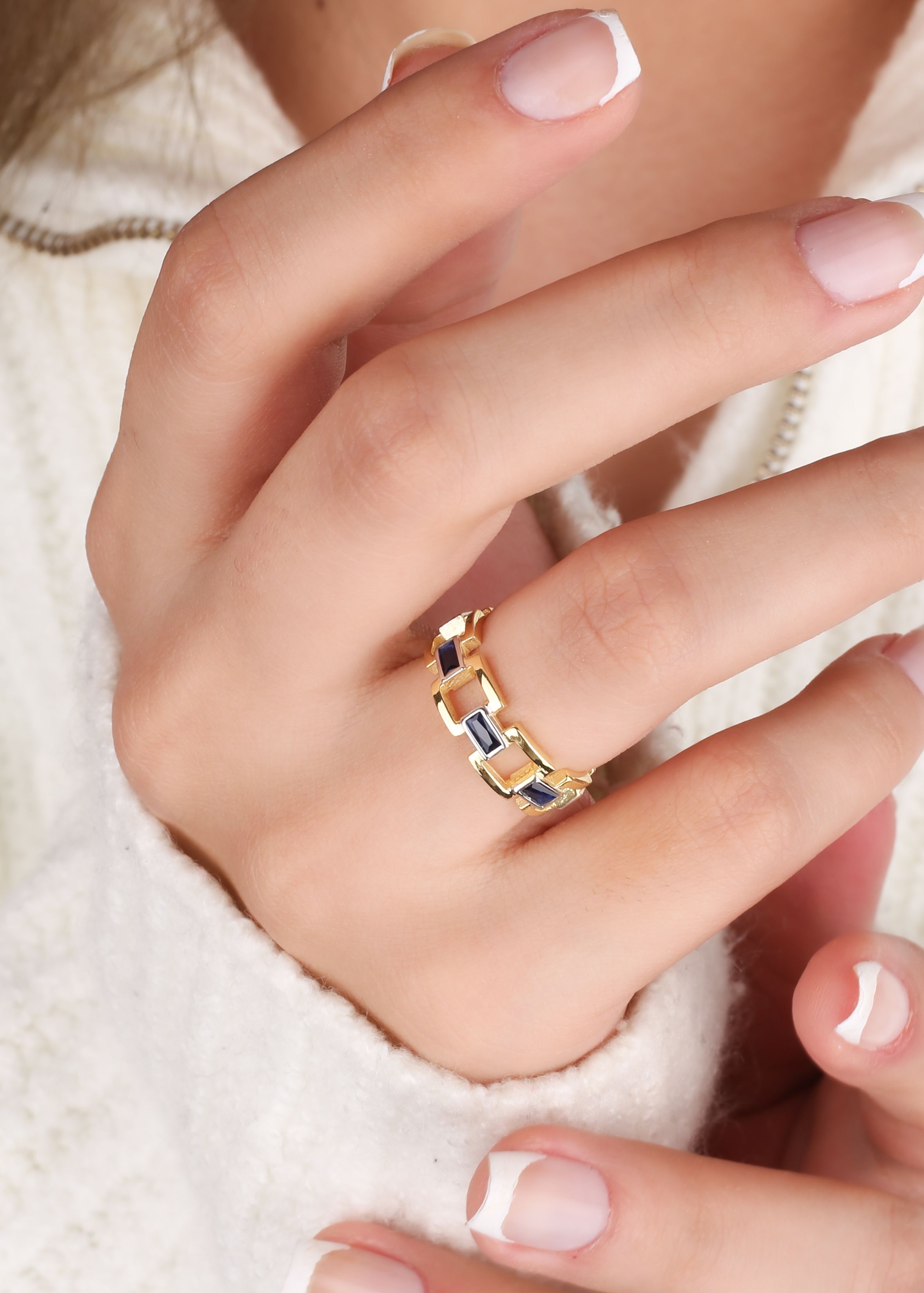 Navy Blue Baguette Stone Silver Ring