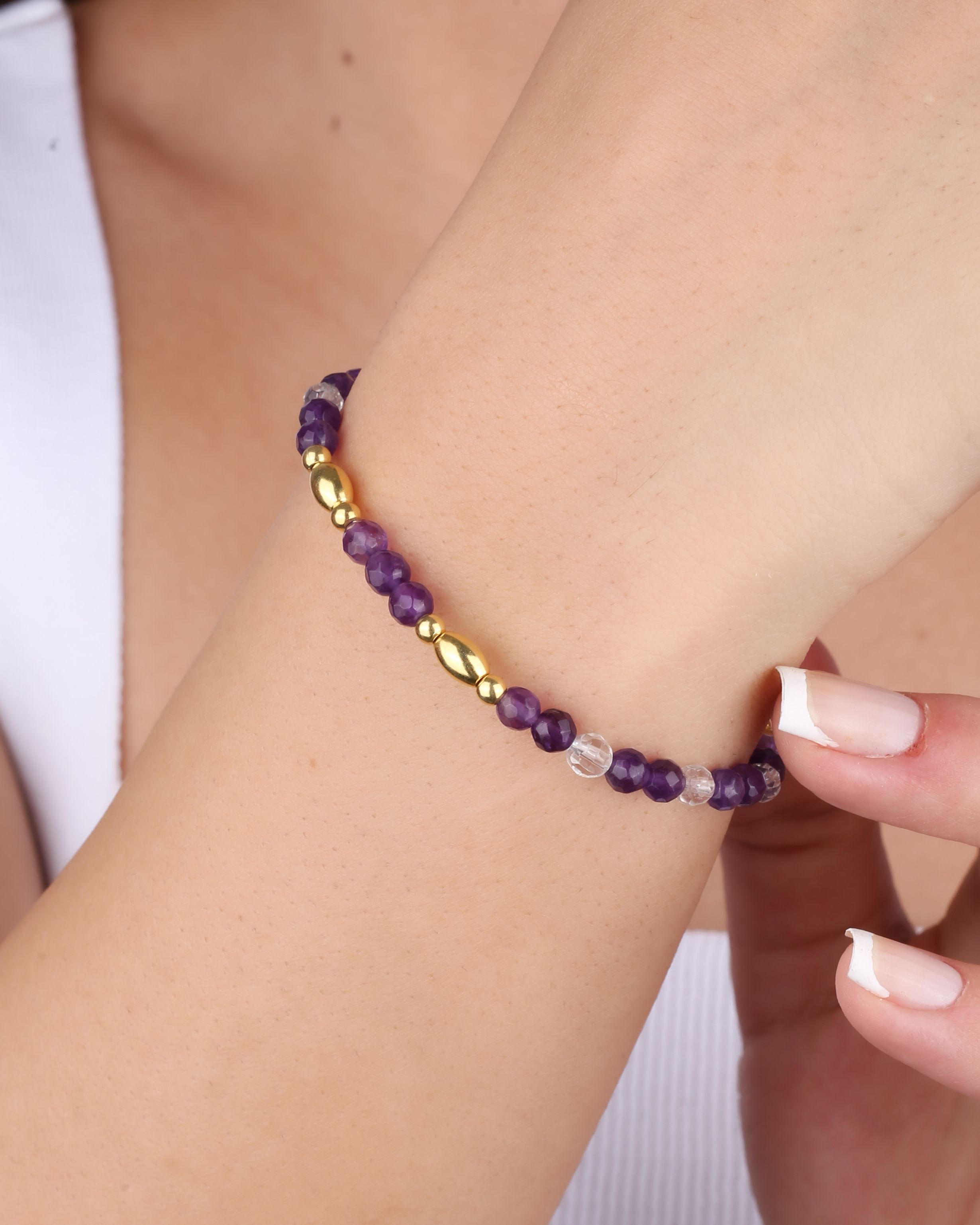 Amethyst and Crystal Quartz Silver Bracelet - Gold