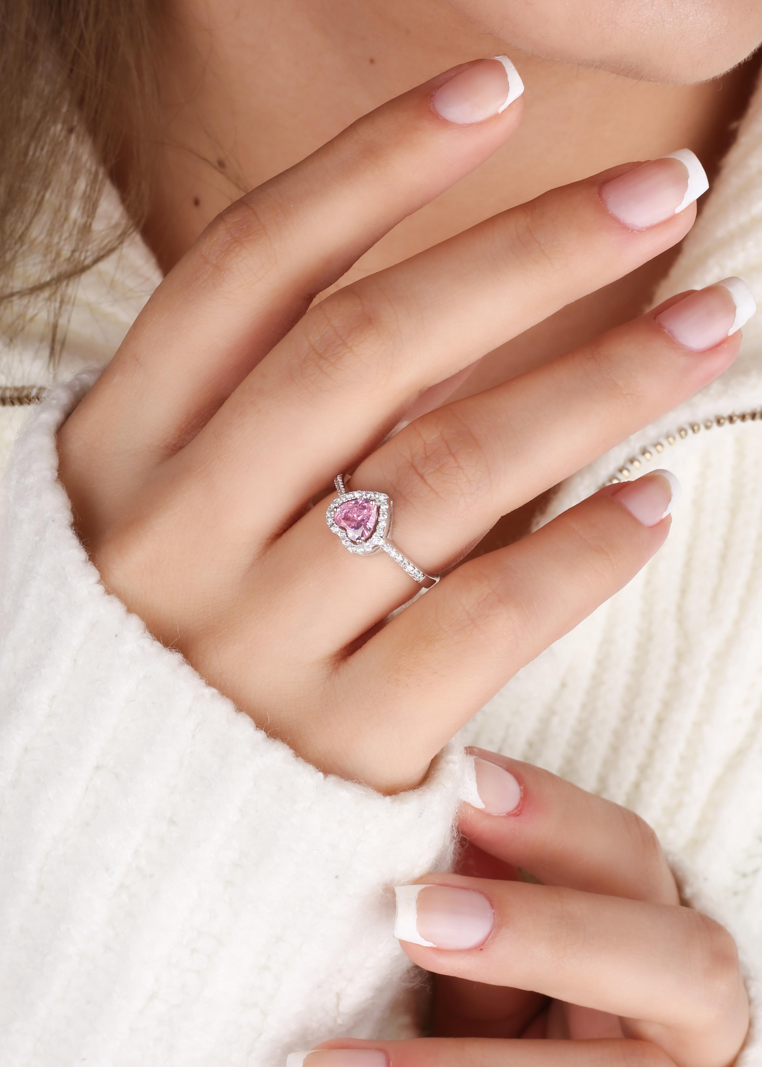 Silver Heart Ring with Pink Quartz Colored Stones