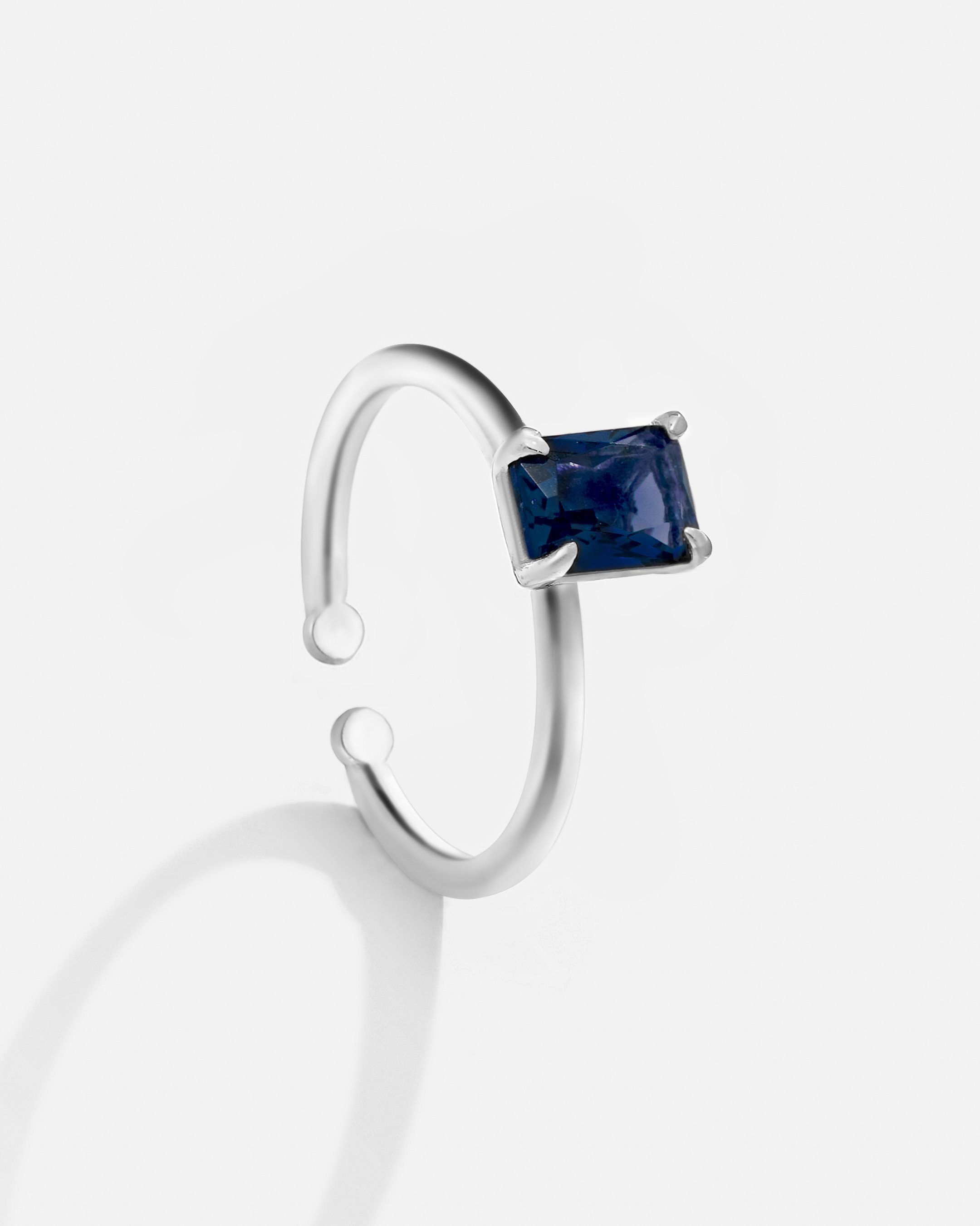 Navy Blue Baguette Stone Silver Ring - White Gold