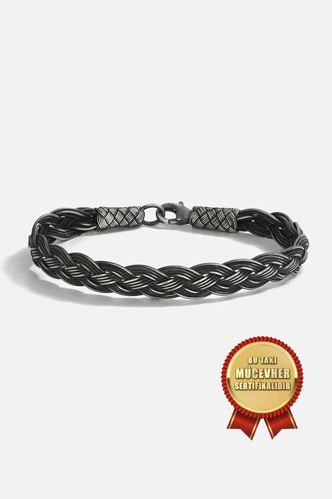 925 K Silver Kazaz Handcrafted Black Oxidized Thick Woven Men's Bracelet