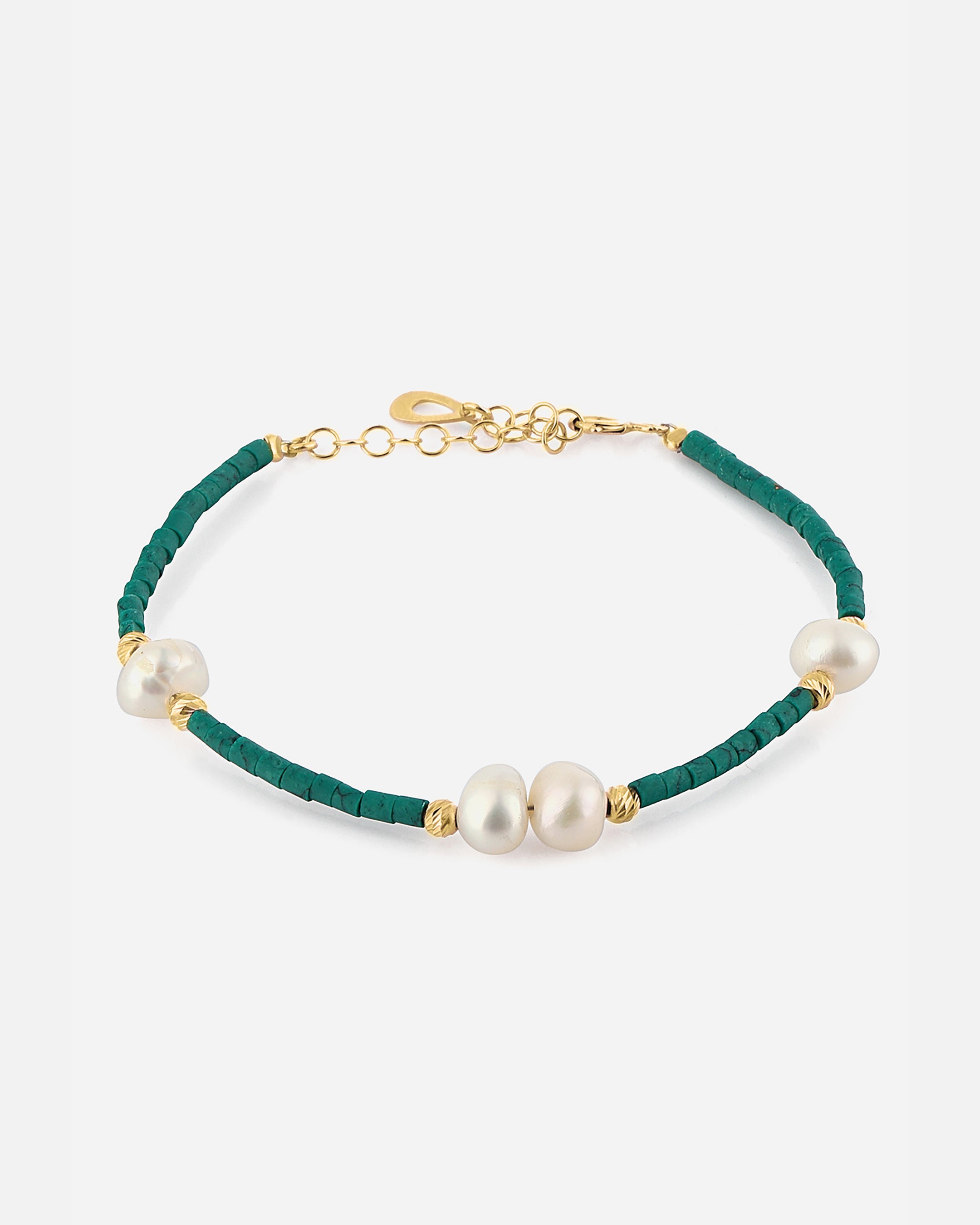 Pearl and Malachite Stone Silver Bracelet - Gold