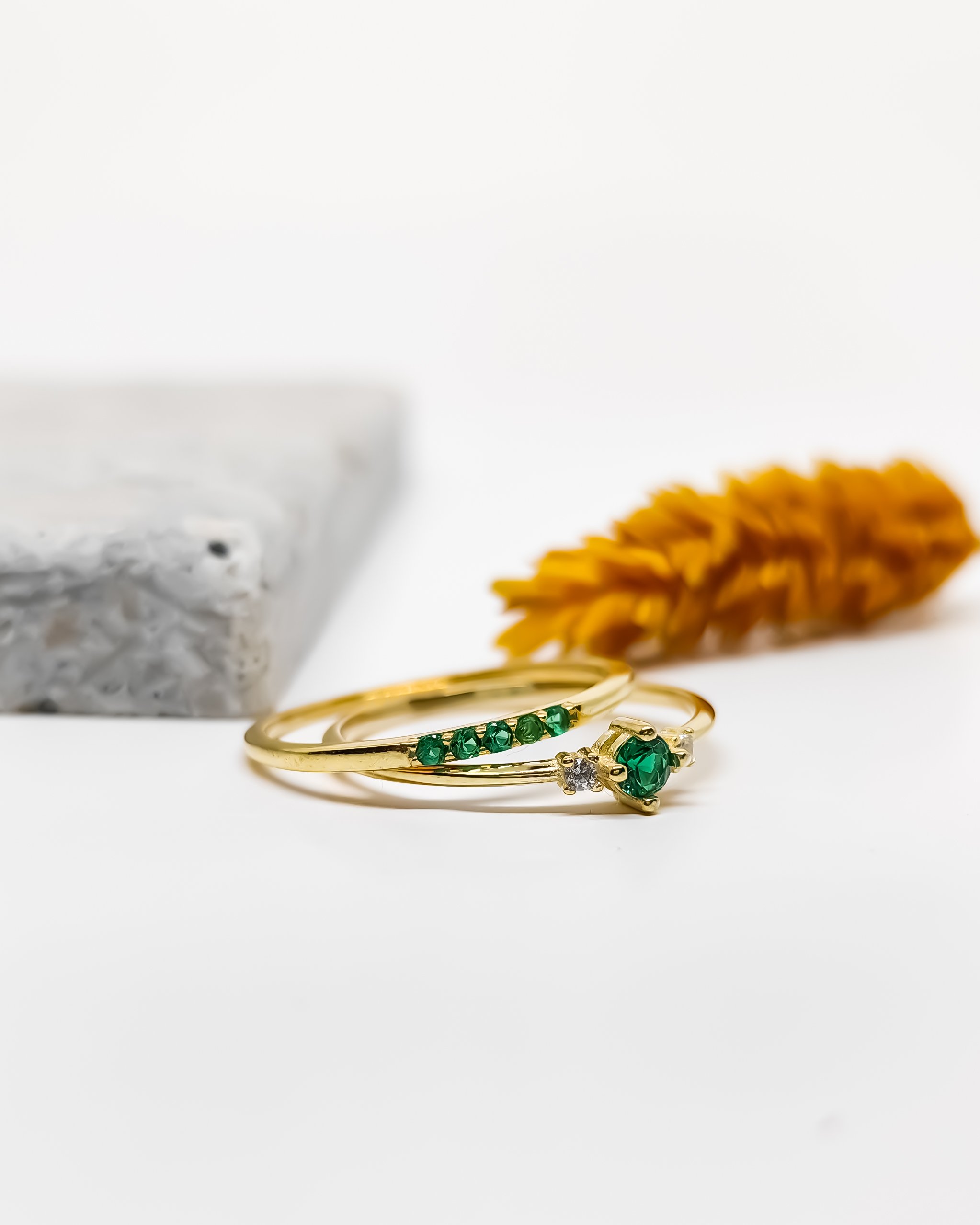 Emerald Stone Silver Ring Combination - Gold