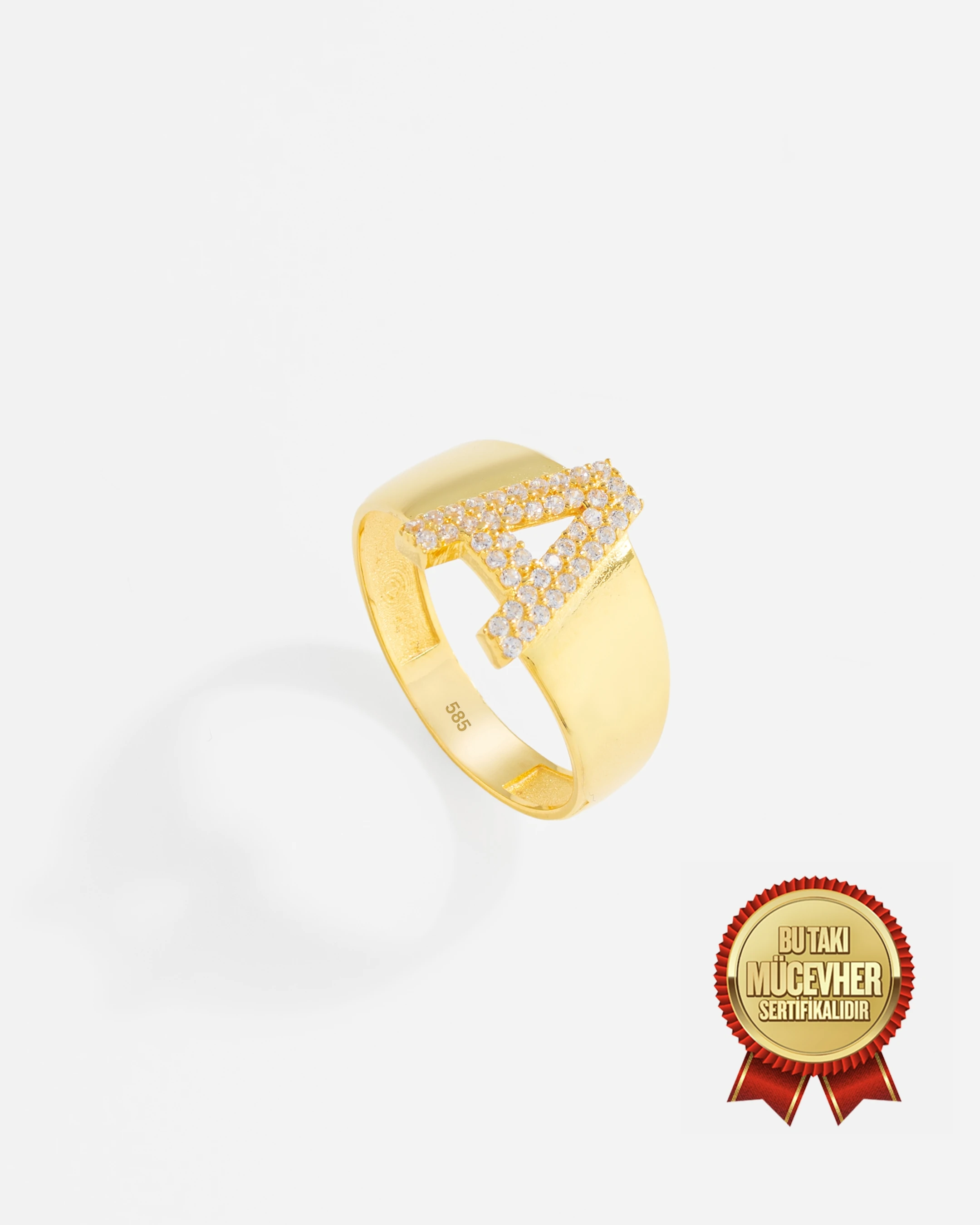 14 Ayar Kişiye Özel Harfli ve Zirkon Taşlı Altın Yüzük - Kadın